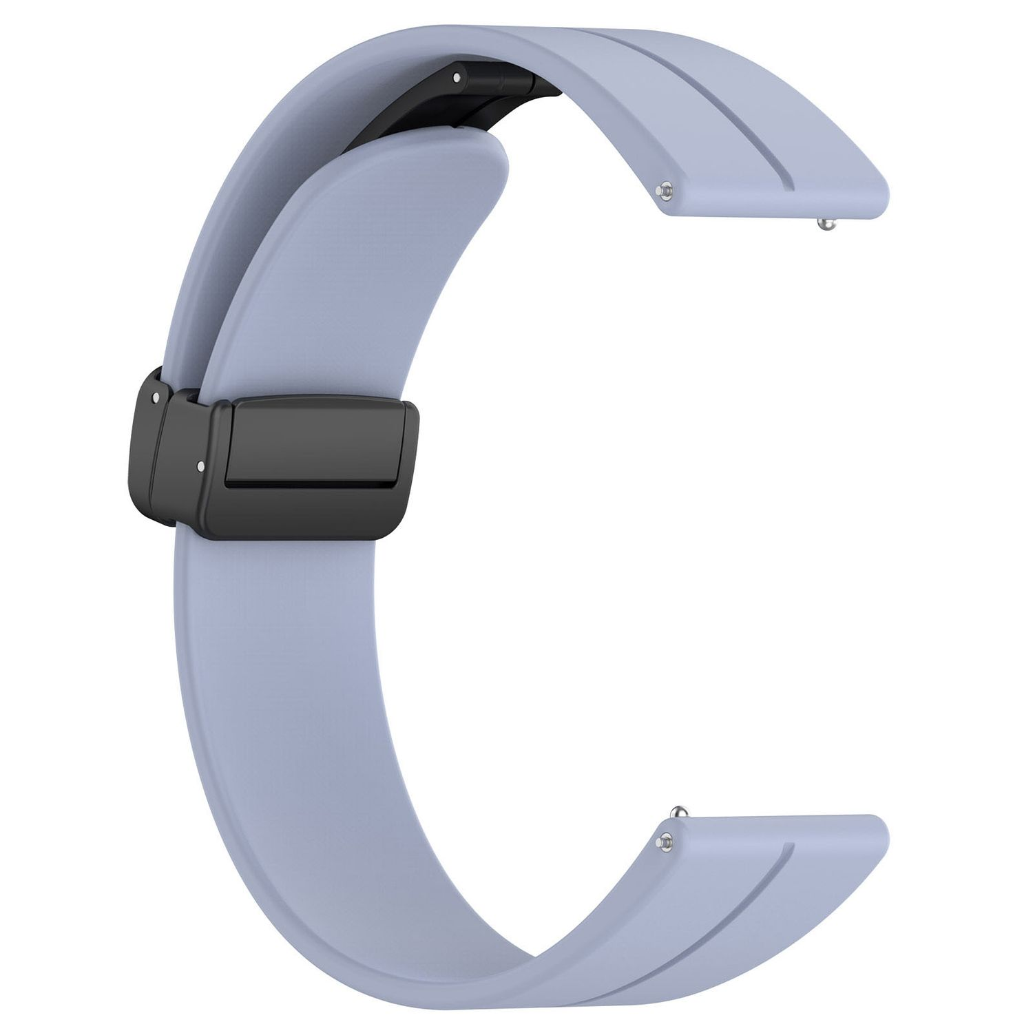 Ein hellblaues Uhrenarmband in C-Form. Es hat einen schwarzen Verschluss und Stifte zur Befestigung.