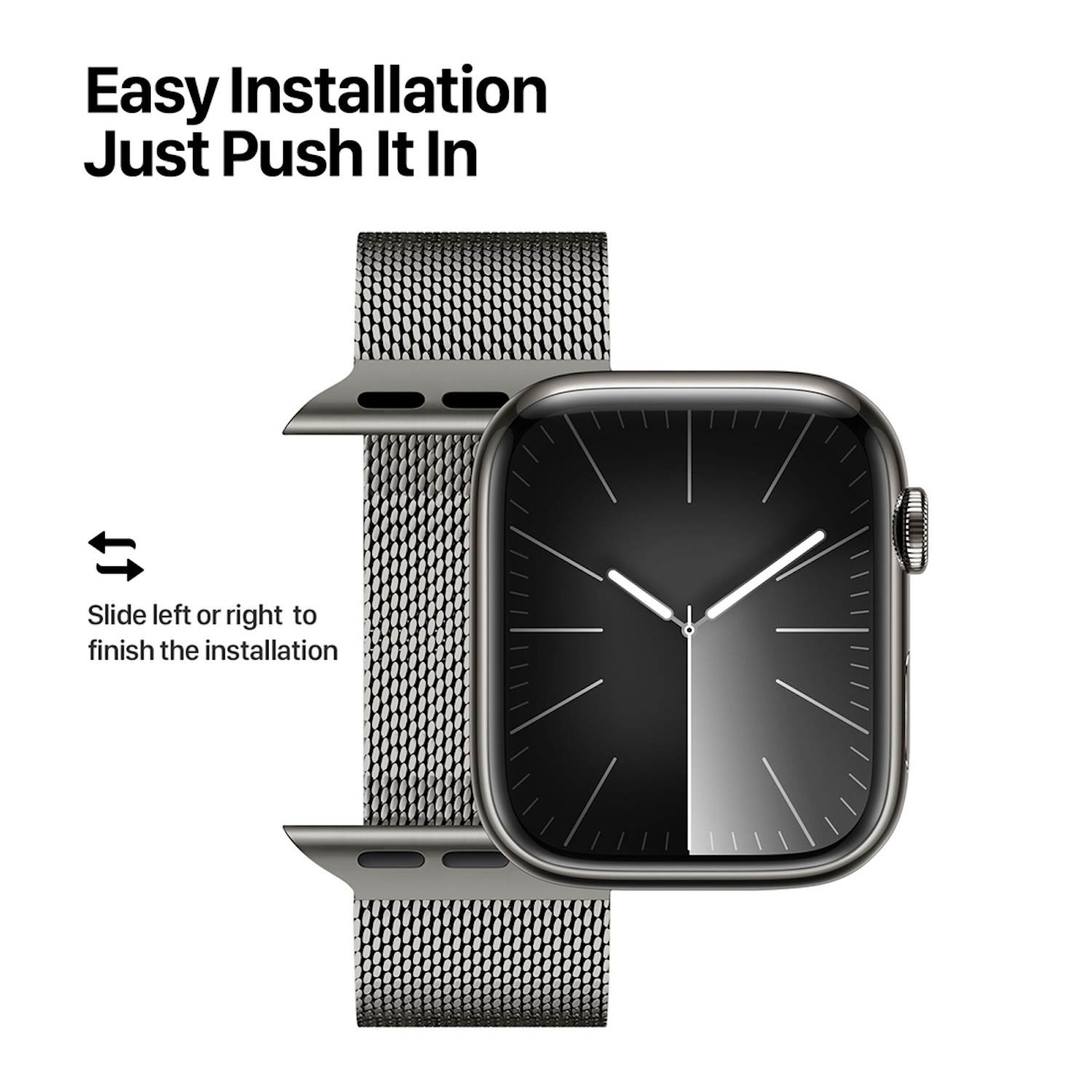 Apple Watch, silbernes Armband und Textanweisung: 'Easy Installation Just Push It In'.