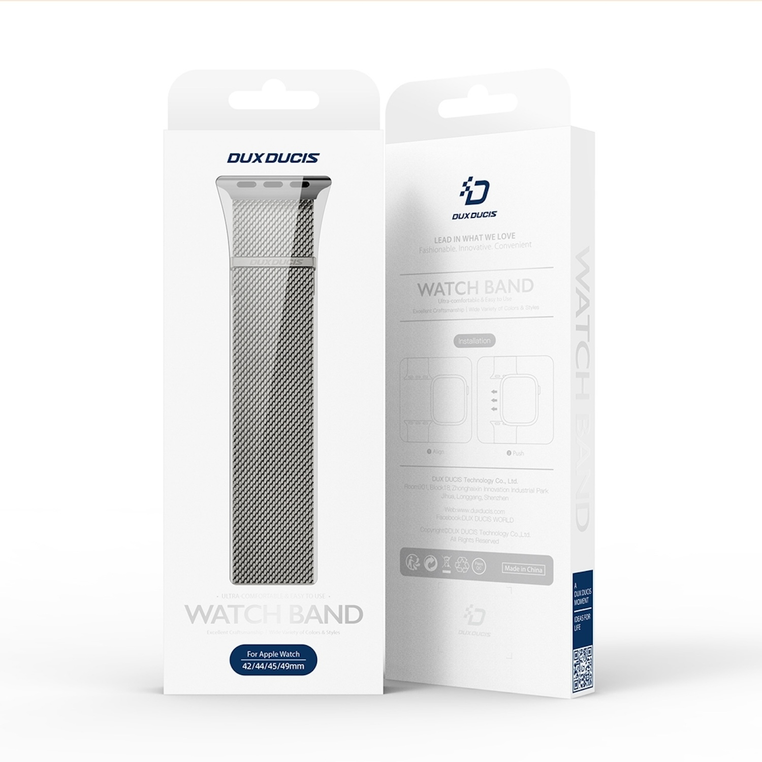 Uhrarmband-Box. Das Band ist silberfarben und hat ein Mesh-Design.