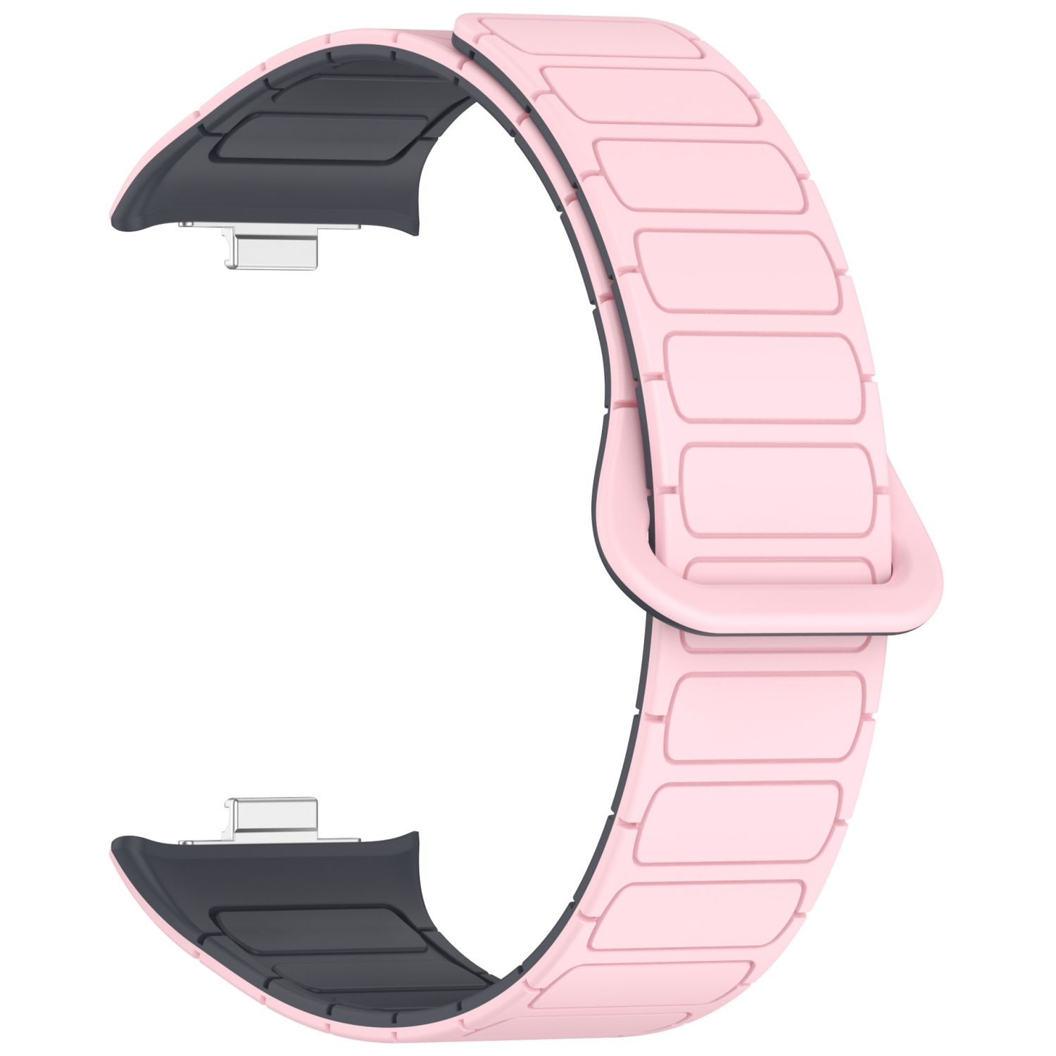 Pinkes und schwarzes Uhrenarmband. Das Band ist gebogen und hat rechteckige Glieder.