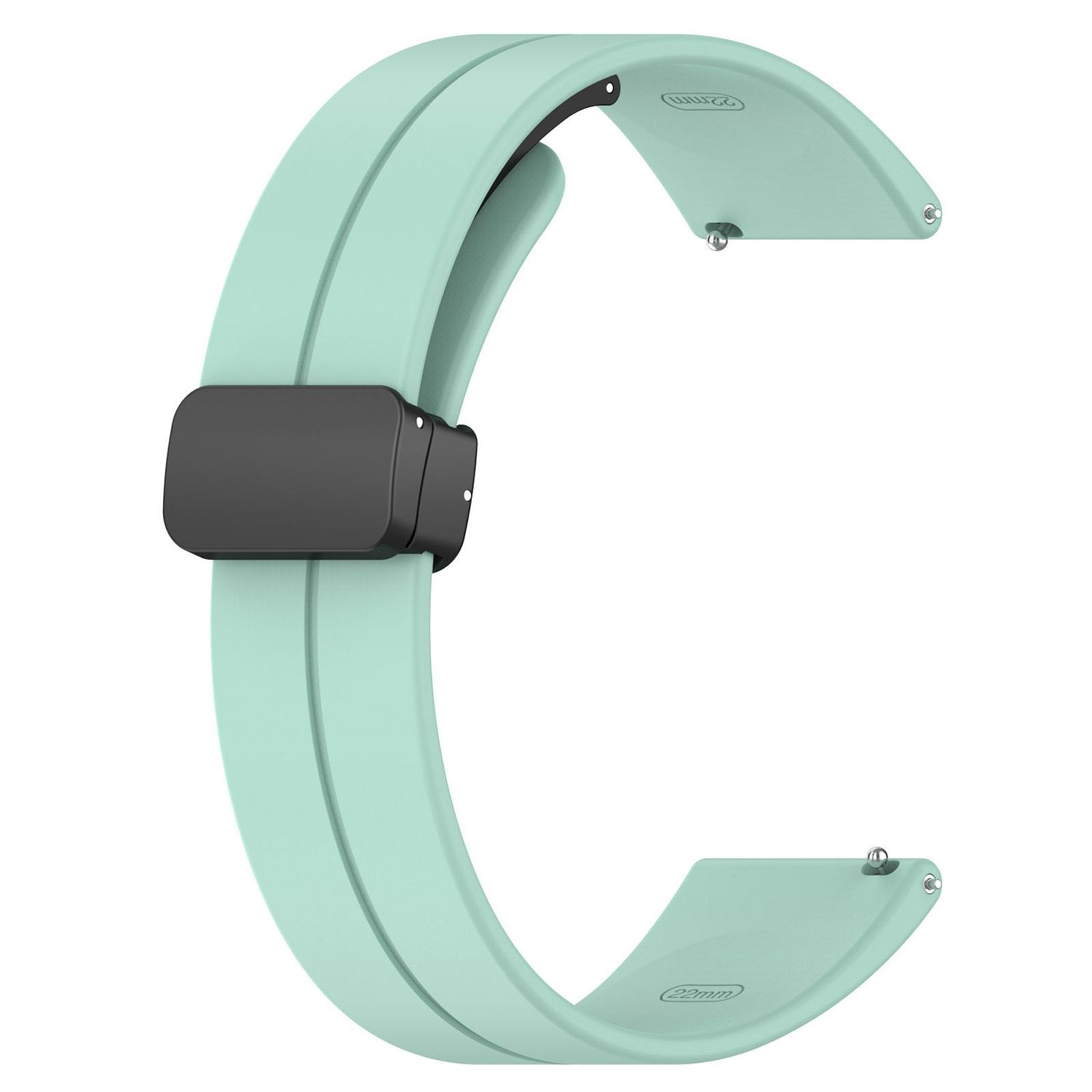Hellgrünes Uhrenarmband mit schwarzem Verschluss.