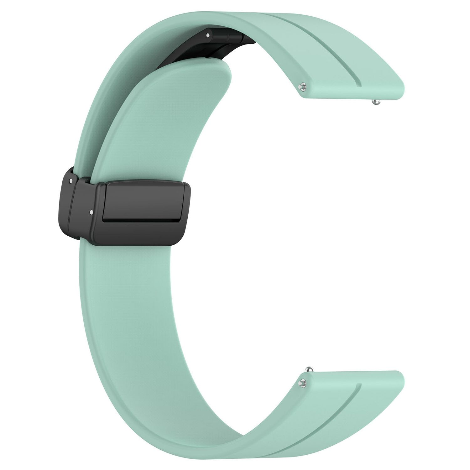 Ein türkisfarbenes Uhrenarmband in C-Form mit schwarzem Verschluss und Stiften. Es hat ein gebogenes Design.