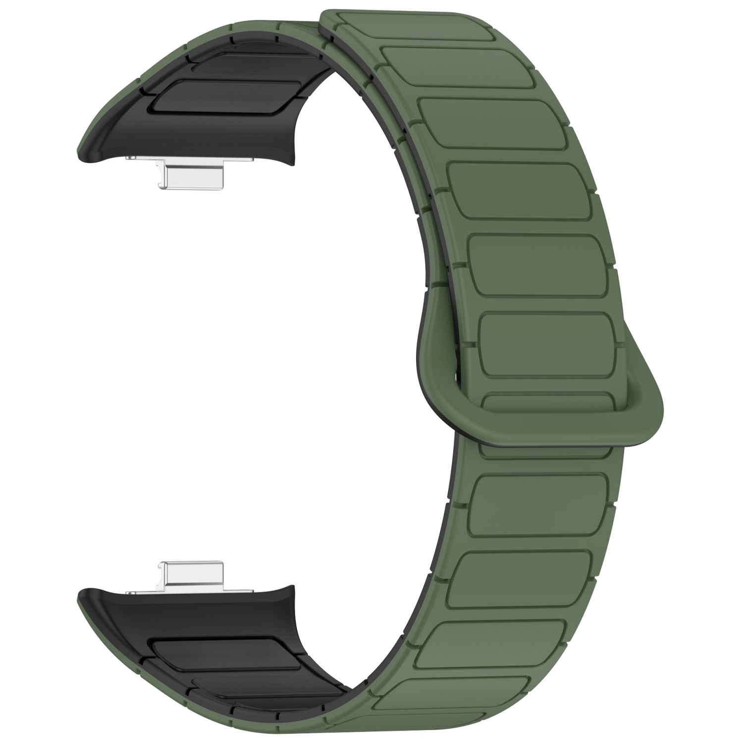 Olivgrünes Uhrenarmband, gebogene Form, mit schwarzen und grünen Abschnitten.