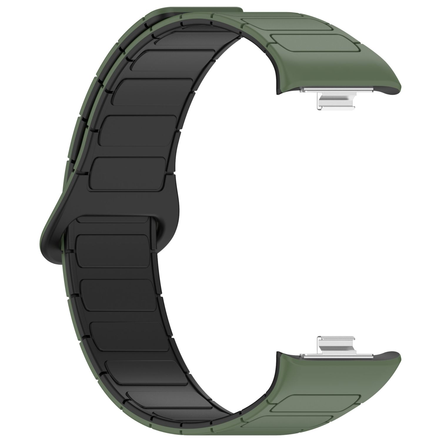 Olivgrünes und schwarzes Uhrenarmband in gebogener Form, mit silbernen Verschlüssen.