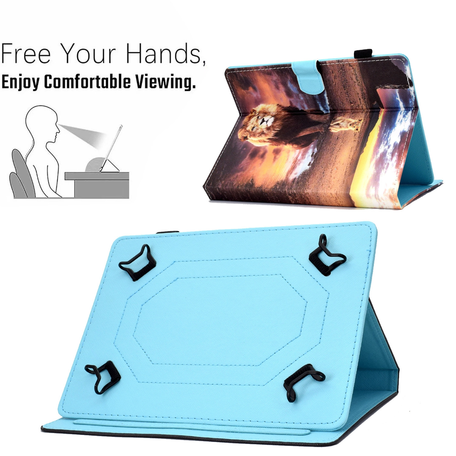 Tablethülle mit Löwenbild. Sie hat eine hellblaue Innenseite und eine Standfunktion.