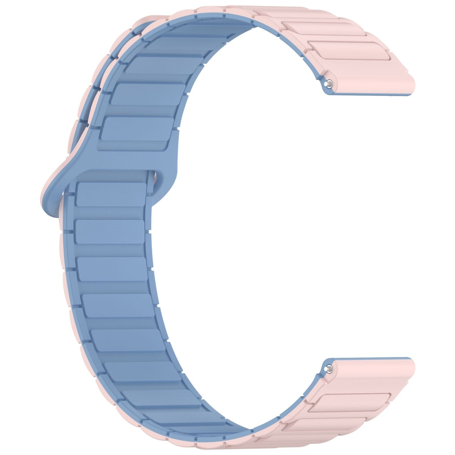 Ein Armband ist in offener C-Form dargestellt, mit einem hellblauen Innenteil und rosa Außenteilen.