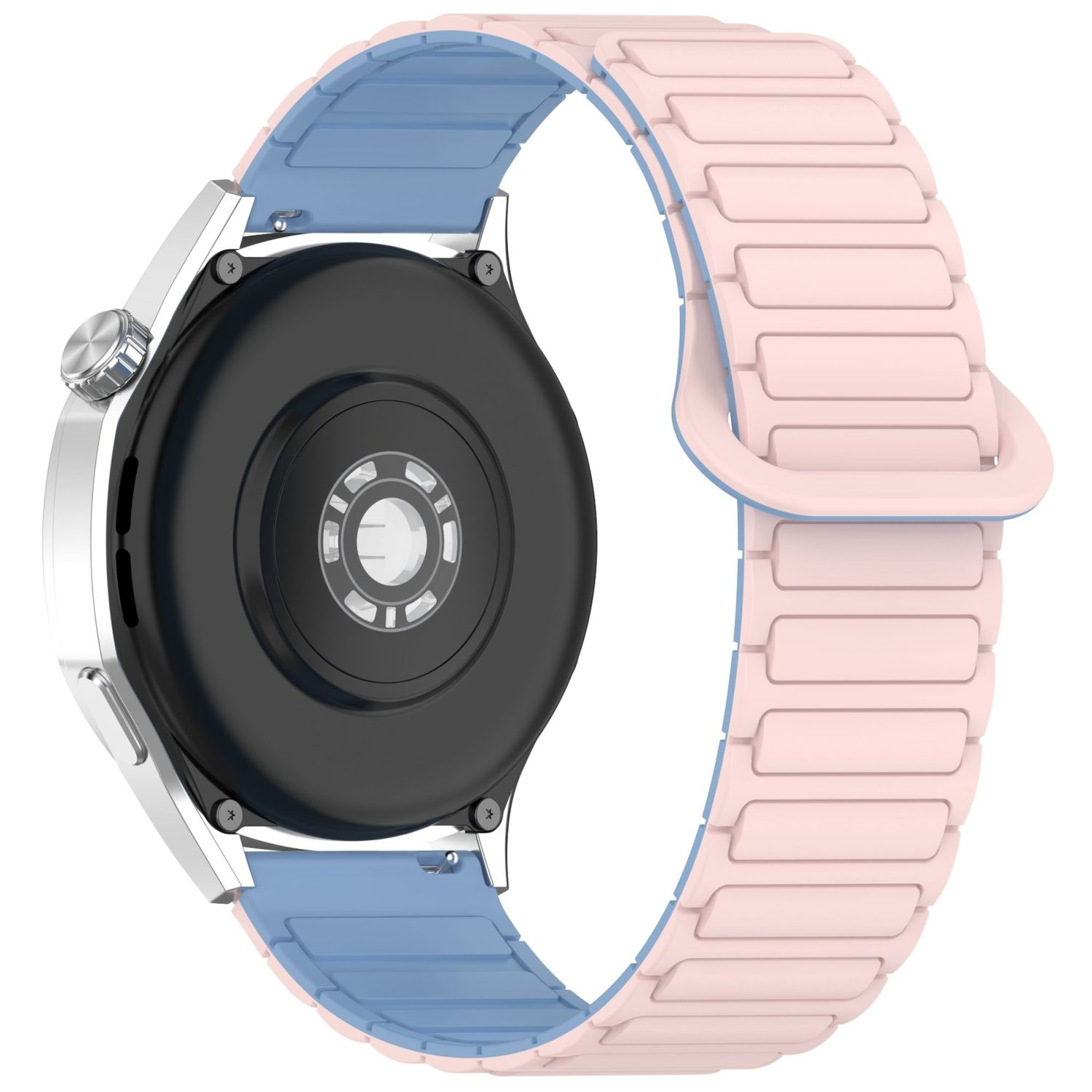 Smartwatch mit pink-blauem Armband. Die Uhr ist von der Kamera abgewandt.
