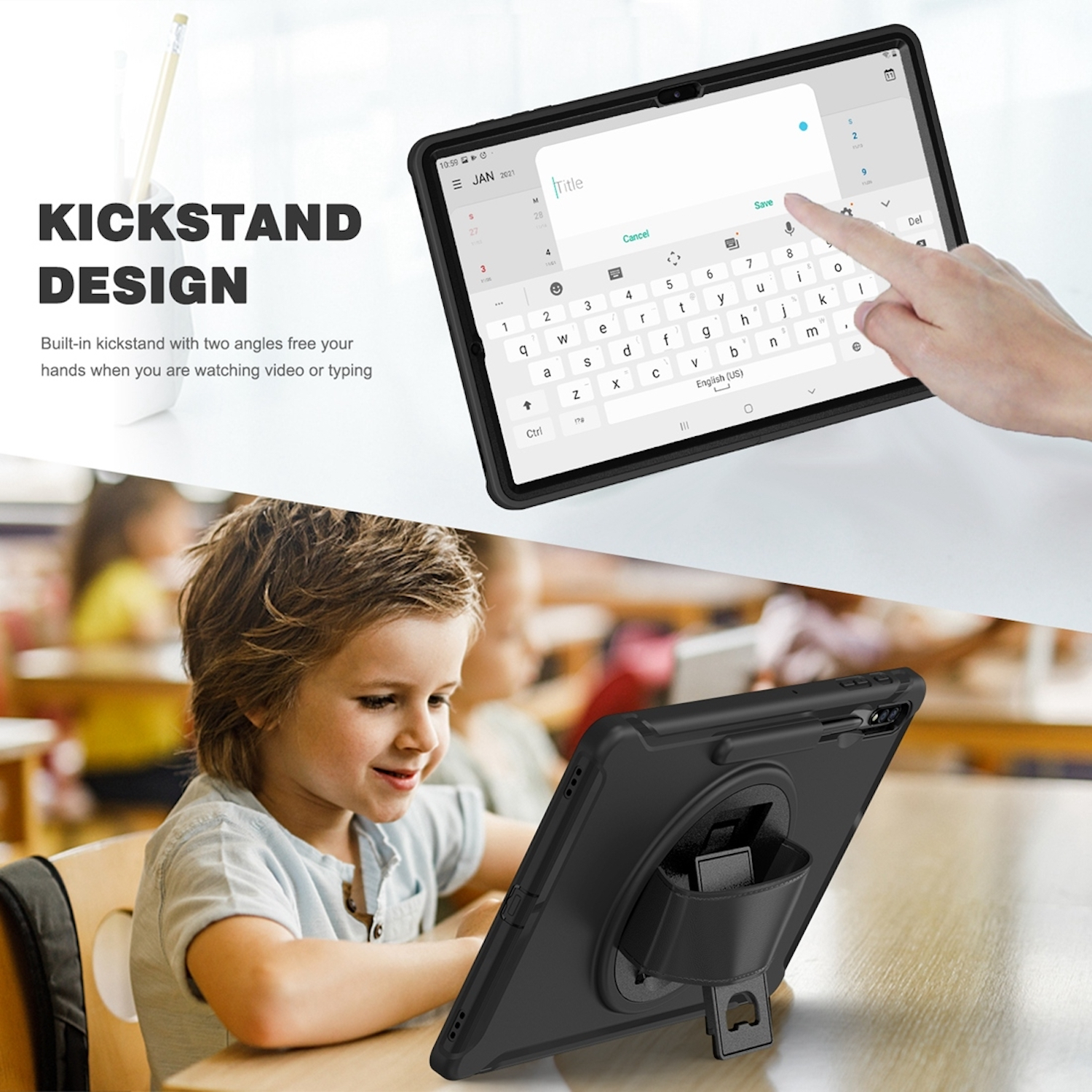 Ein schwarzes Tablet mit Hülle, ein Kind interagiert, vor Hintergrund.