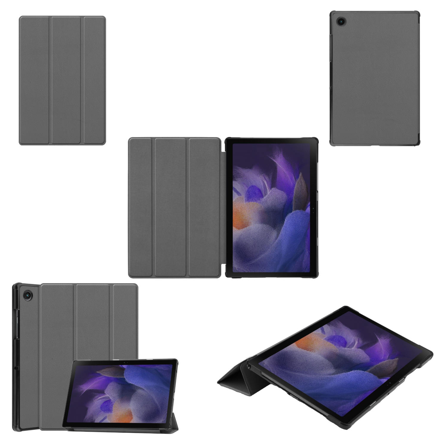 Eine Tablet-Hülle wird gezeigt. Die Hülle ist schwarz und das Tablet ist sichtbar. Die Hülle wird in mehreren Ansichten gezeigt.