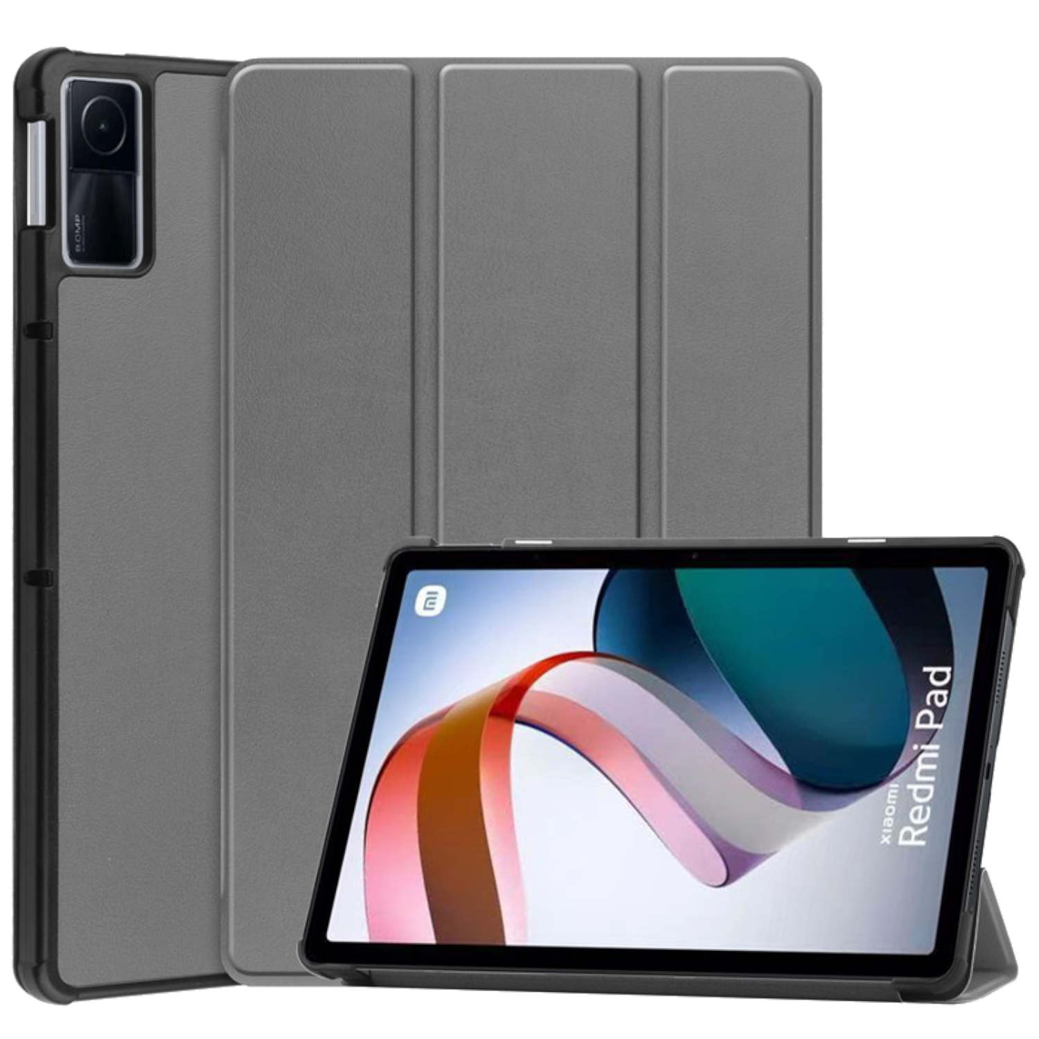 Graue Tablethülle mit Tablet, das die Zeit anzeigt. Eine Abdeckung befindet sich hinter dem Tablet.
