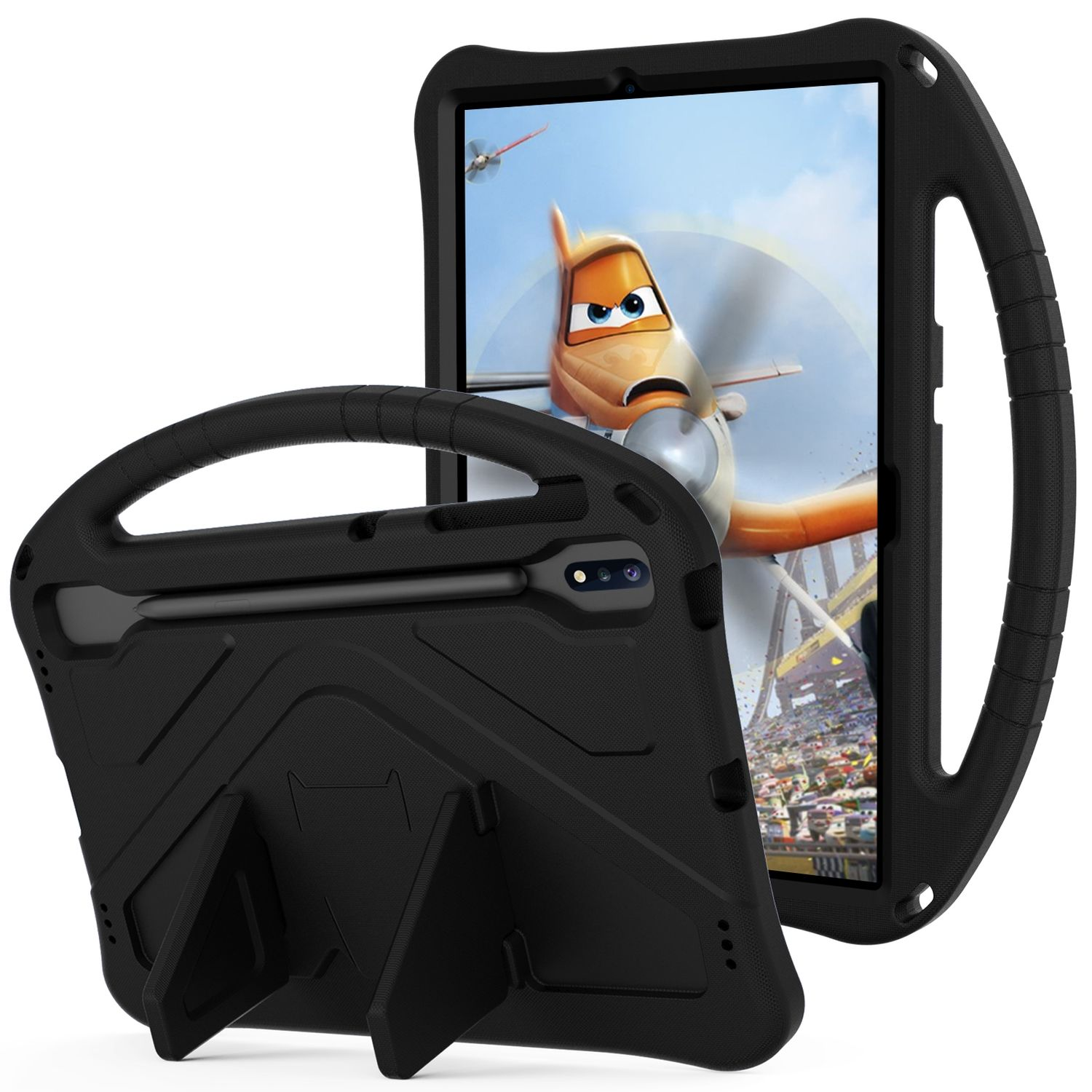 Eine schwarze Tablet-Hülle mit Griff und Ständer. Auf dem Bildschirm ist ein Cartoon-Flugzeug zu sehen.