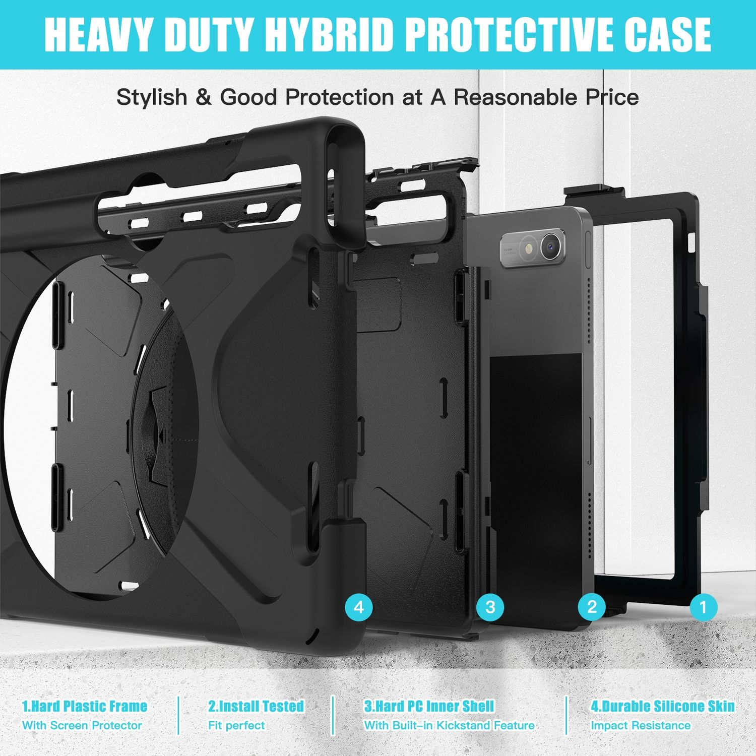 Robuste Hybrid-Tablethülle, schwarz, mit Displayschutz und Ständer, vierlagig.