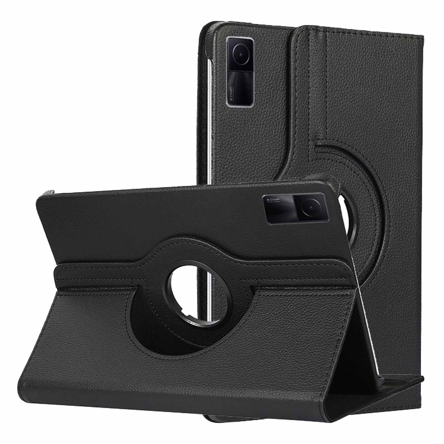 Schwarze Tablethülle mit drehbarem Bildschirm. Der Bildschirm des Tablets ist sichtbar. Die Hülle liegt auf weißem Untergrund.
