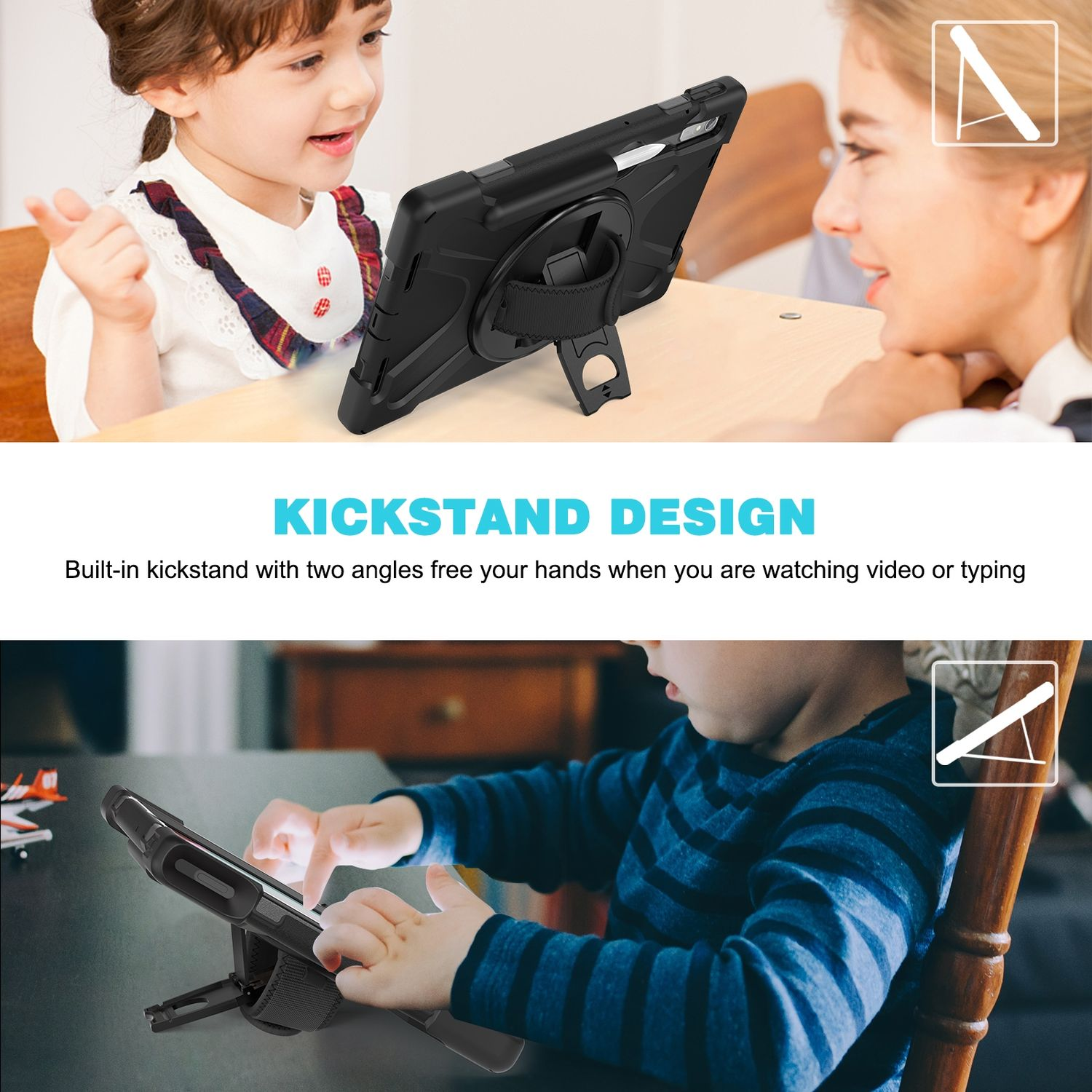 Kinder benutzen Tablets mit Kickstand-Design. Mutter und Kind im Hintergrund.