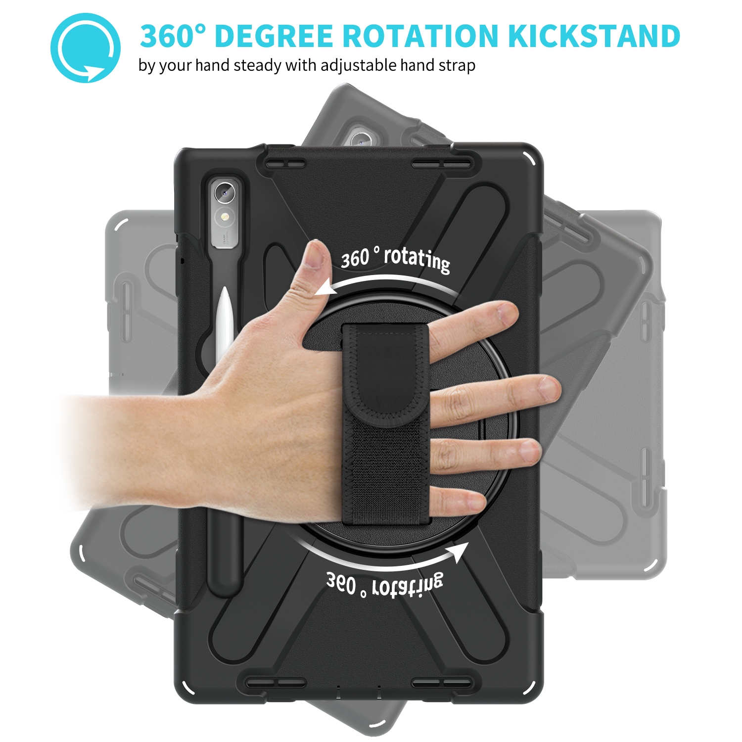 Schwarze Tablet-Hülle mit Handschlaufe und 360-Grad-Drehständer.