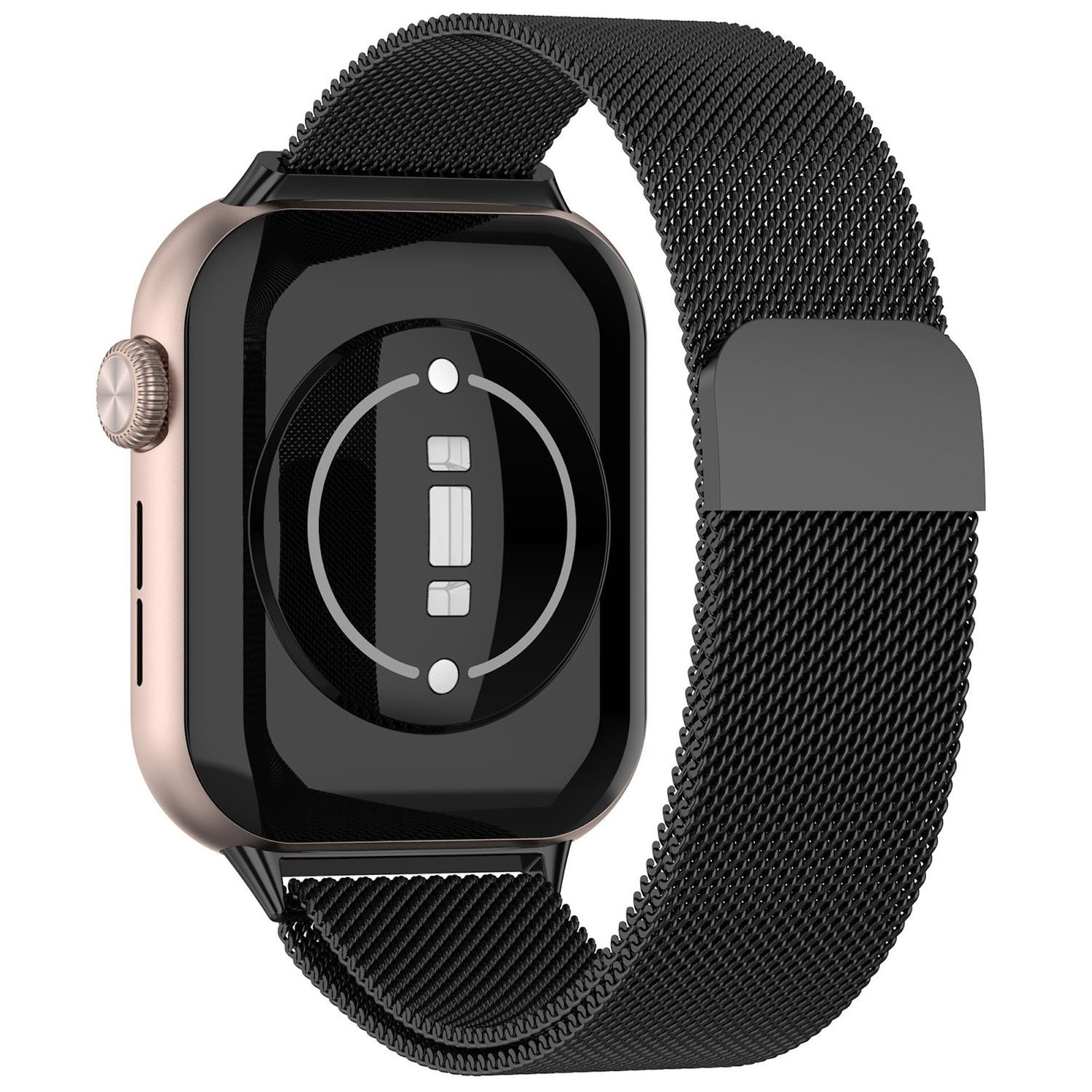 Goldene Smartwatch-Rückseite mit schwarzem Armband. Zeigt Sensoren und Magnetverschluss.