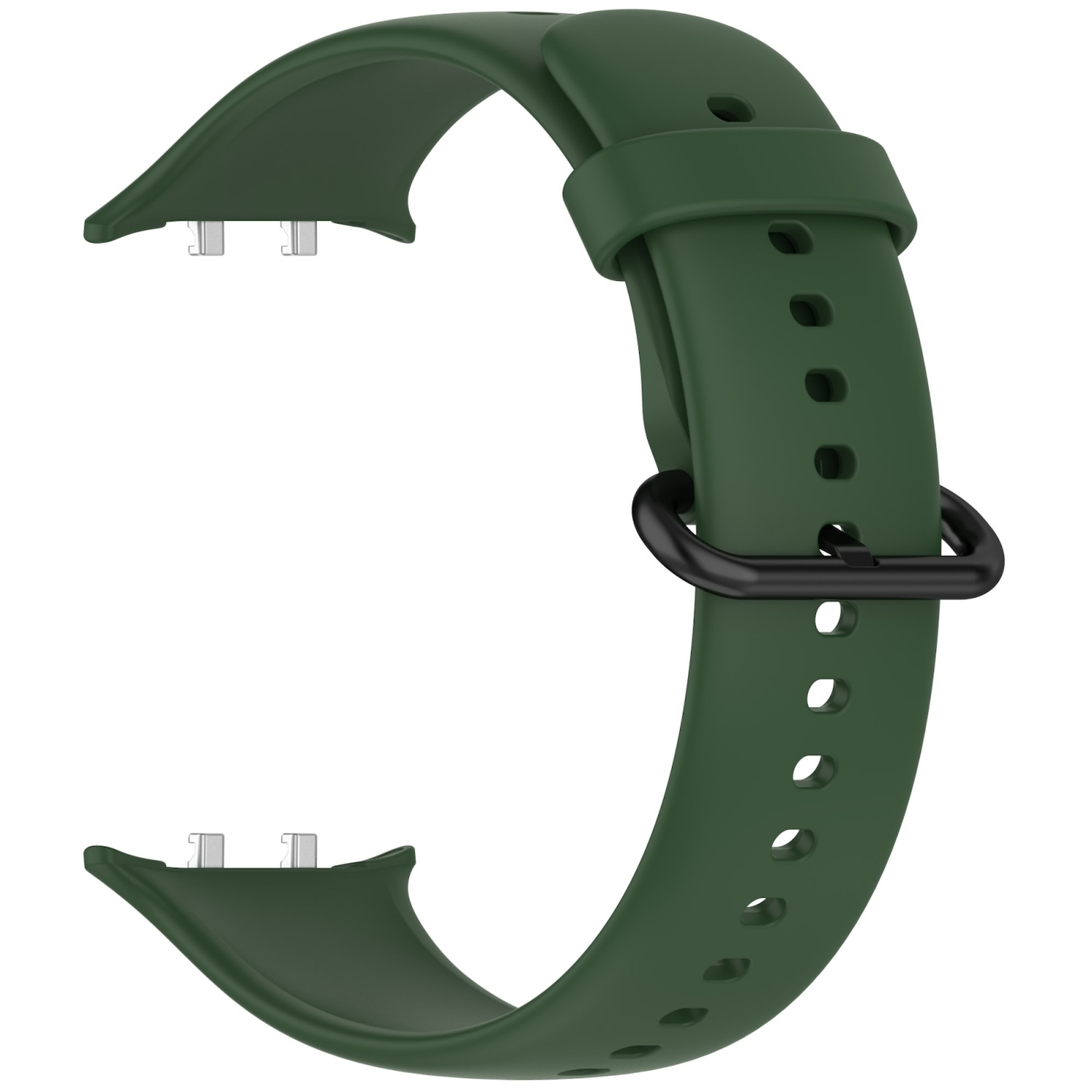 Grünes Uhrenarmband mit schwarzem Verschluss, zeigt Befestigungspunkte, isoliert auf Weiß.