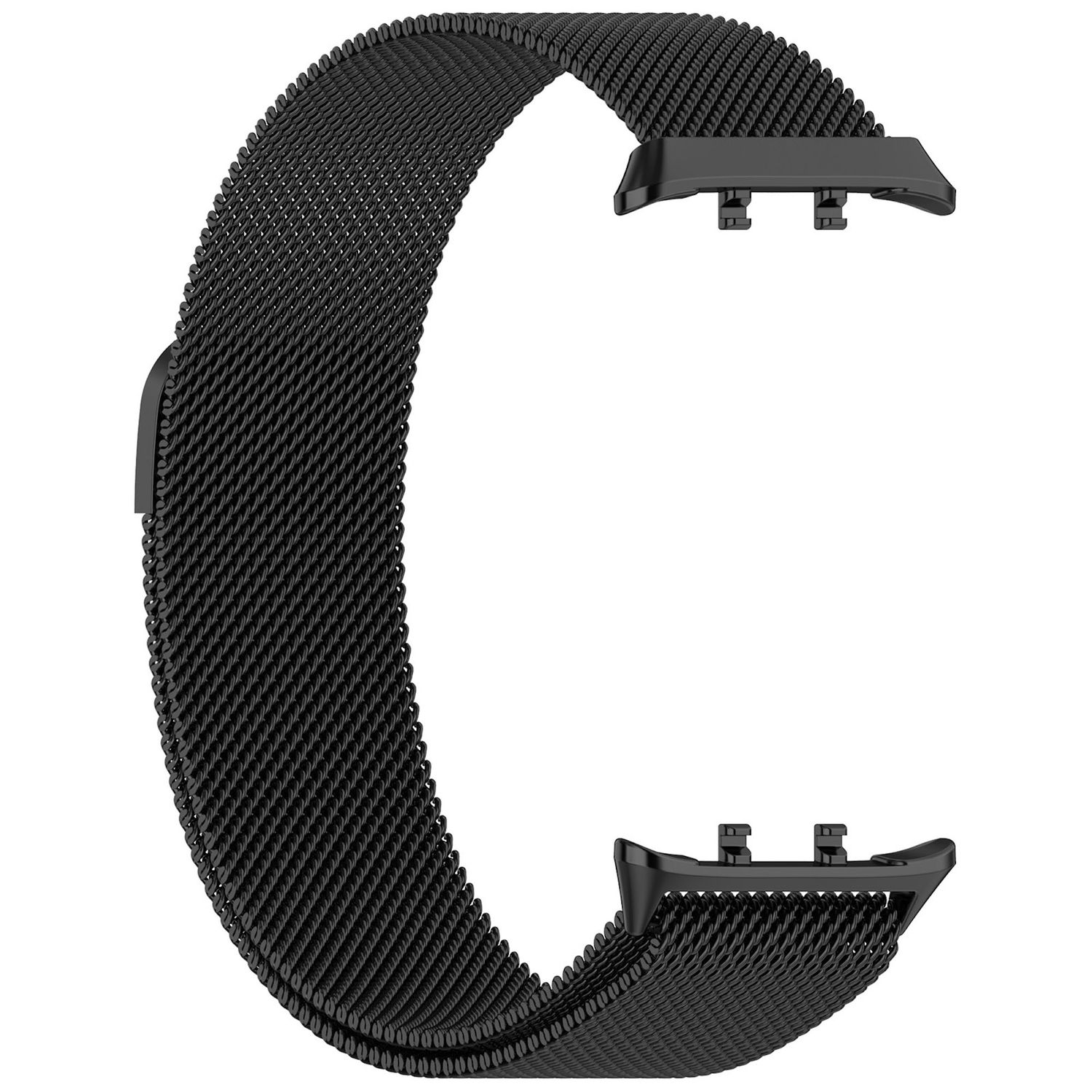 Schwarzes Edelstahl-Mesh-Uhrenarmband mit schwarzer Schnalle.