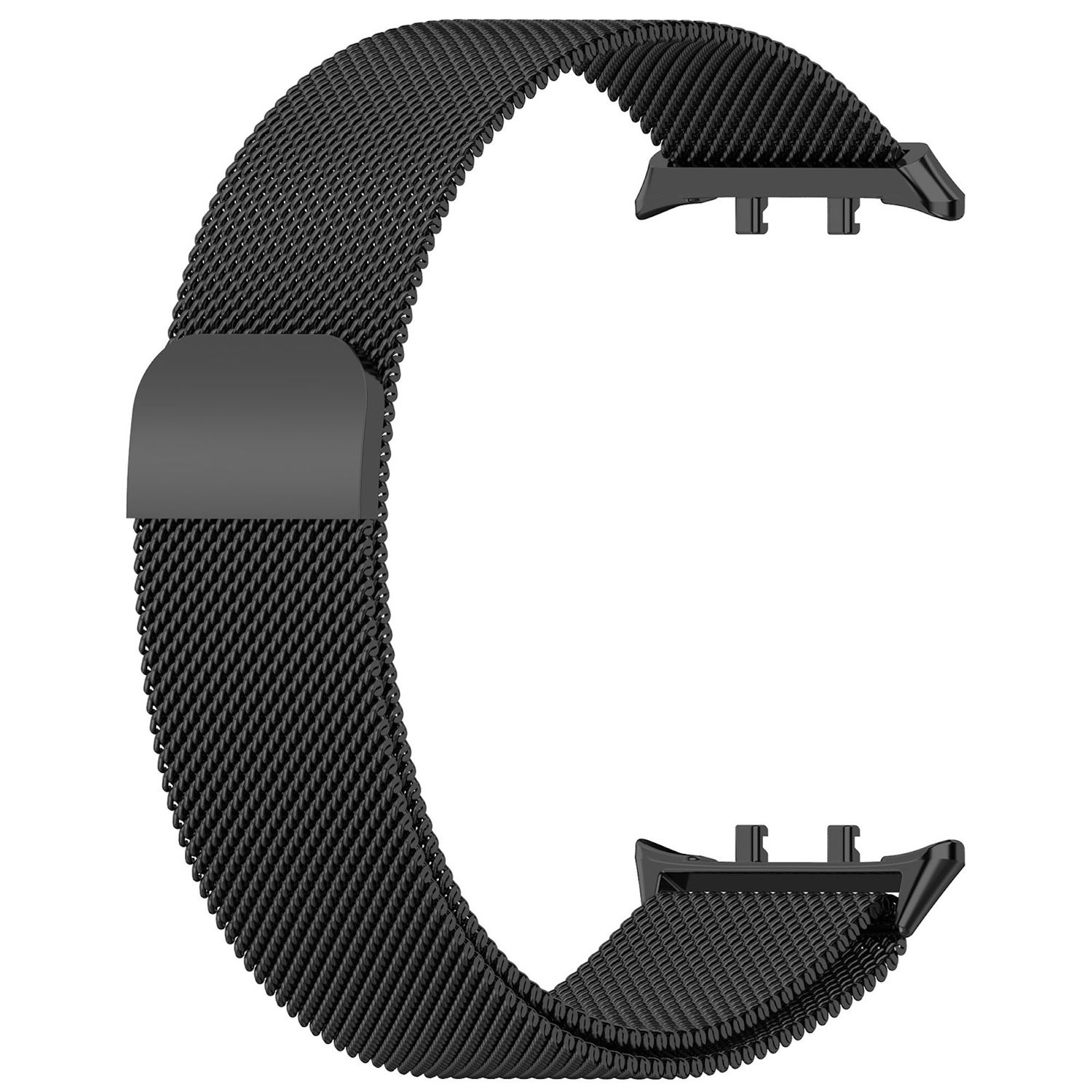 Schwarzes Edelstahl-Mesh-Uhrenarmband mit schwarzer Schnalle.