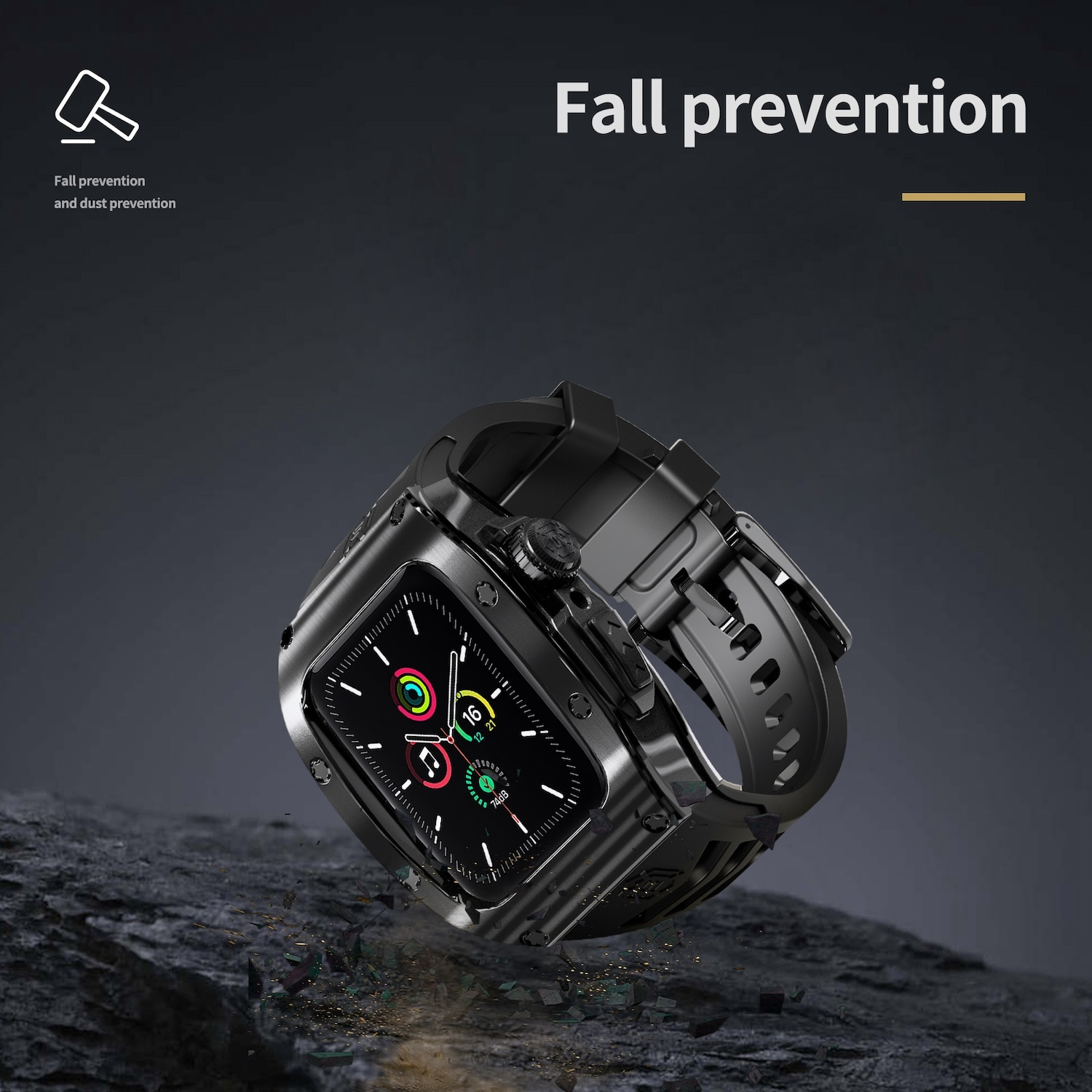 Eine schwarze Smartwatch in einer Schutzhülle. Die Hülle ist schwarz.
