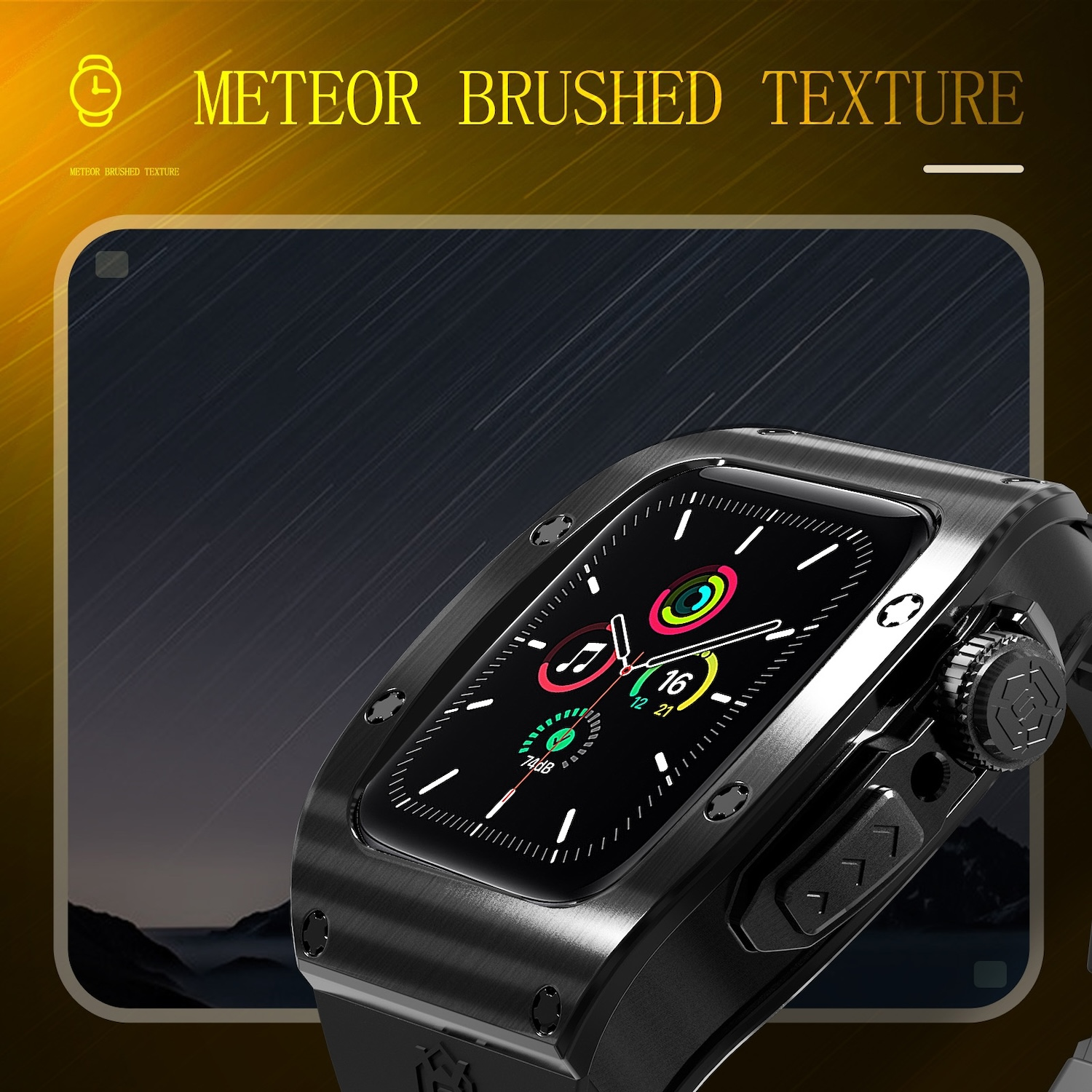 Schwarze Smartwatch mit schwarzem Gehäuse, das das Zifferblatt mit Text zeigt.
