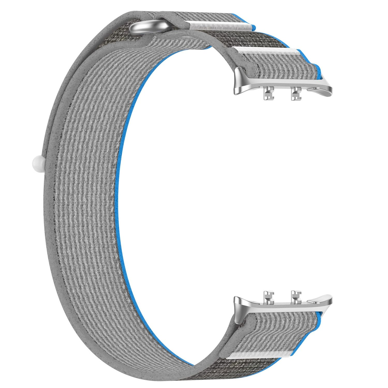 Ein graues Uhrenarmband. Das Band ist gebogen. Das Band hat zwei silberfarbene Metallverbinder.