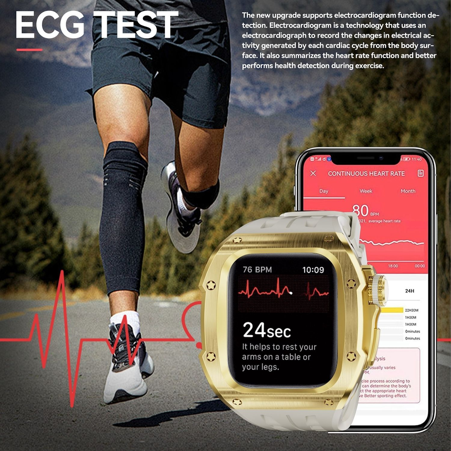 Ein Mann rennt und eine Smartwatch zeigt die Herzfrequenz an. Ein Telefon zeigt ein Herzfrequenzdiagramm. EKG-Test gezeigt.