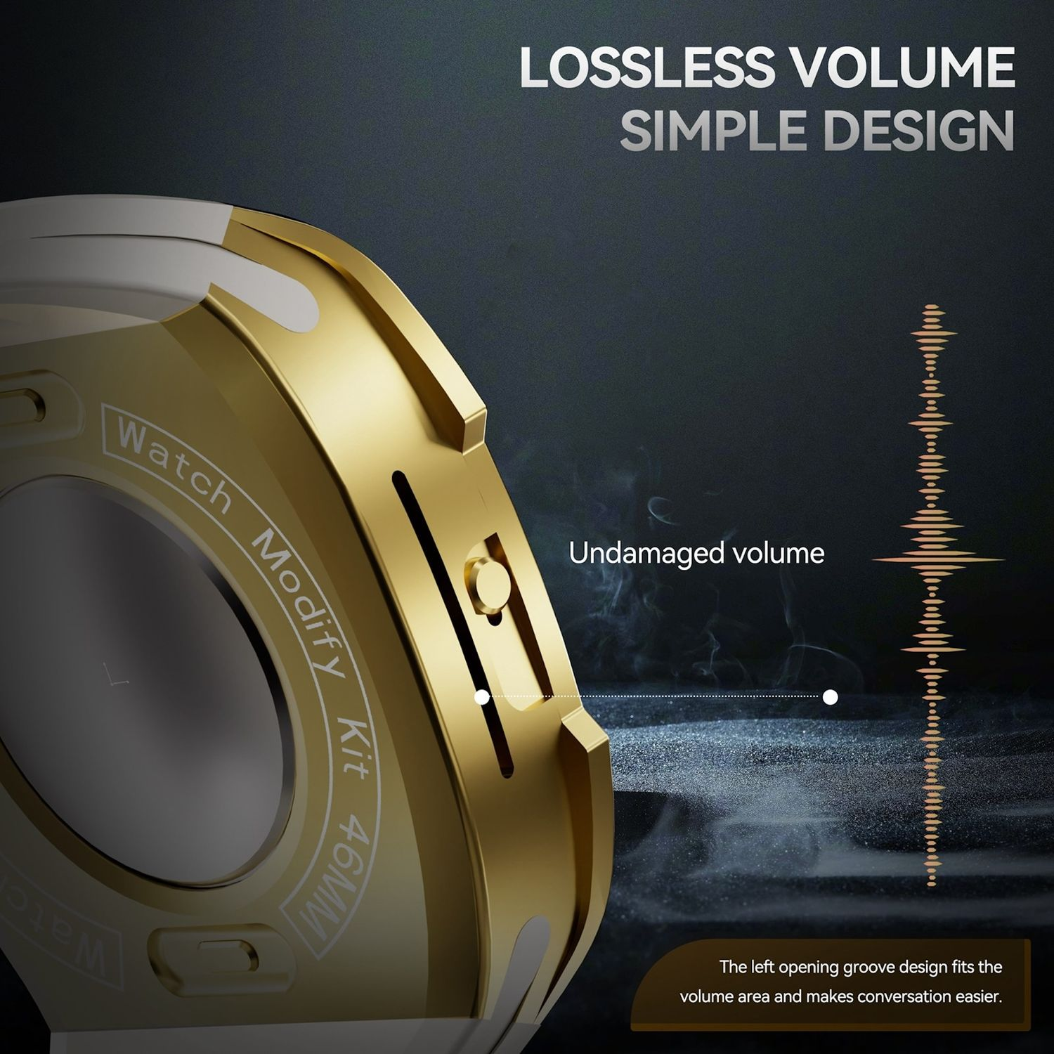 Nahaufnahme einer goldenen Smartwatch. Der Text lautet 'Verlustfreie Lautstärke, Einfaches Design' und 'Unbeschädigte Lautstärke'.