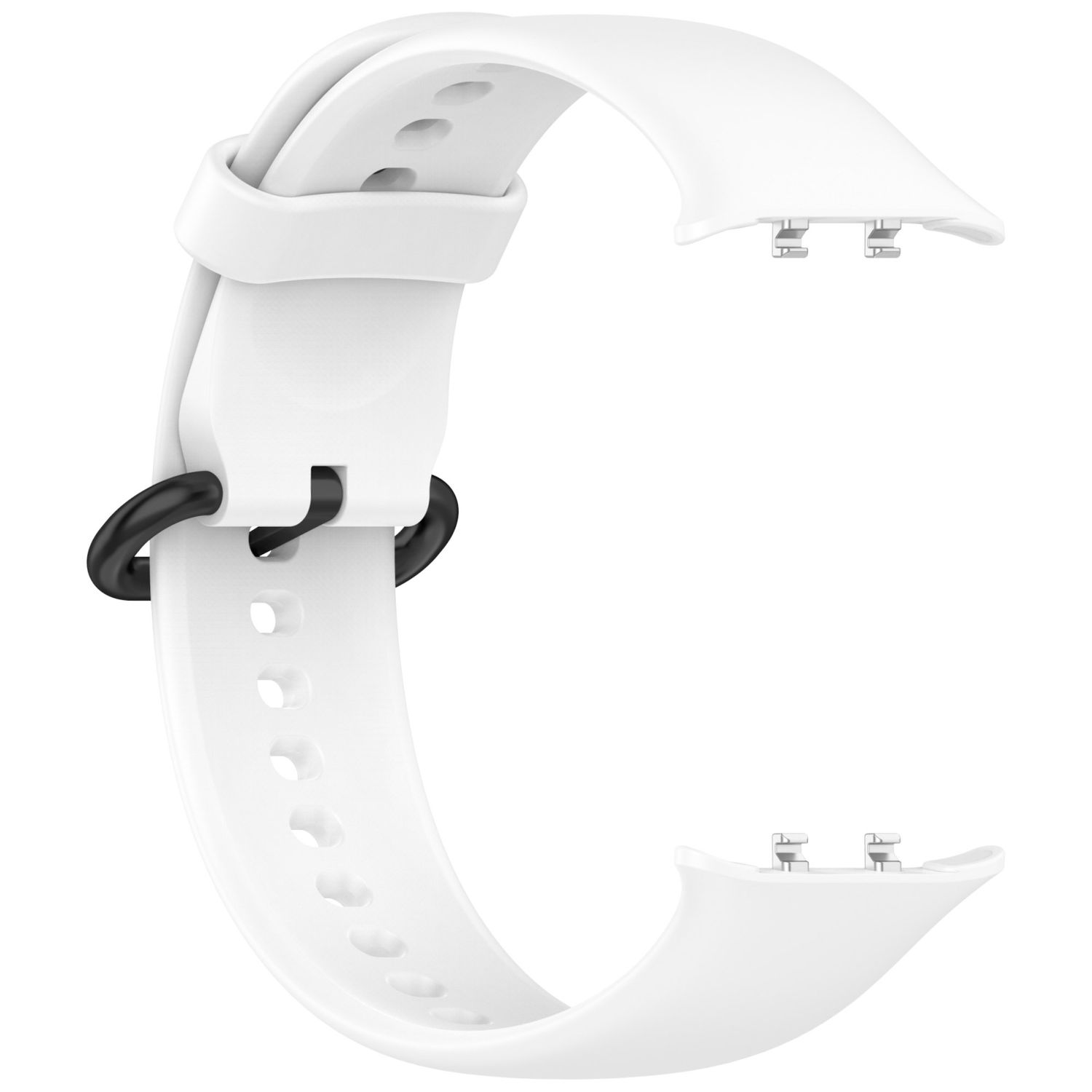 Weißes Smartwatch-Armband. Gebogenes Design mit Löchern und schwarzem Verschluss.