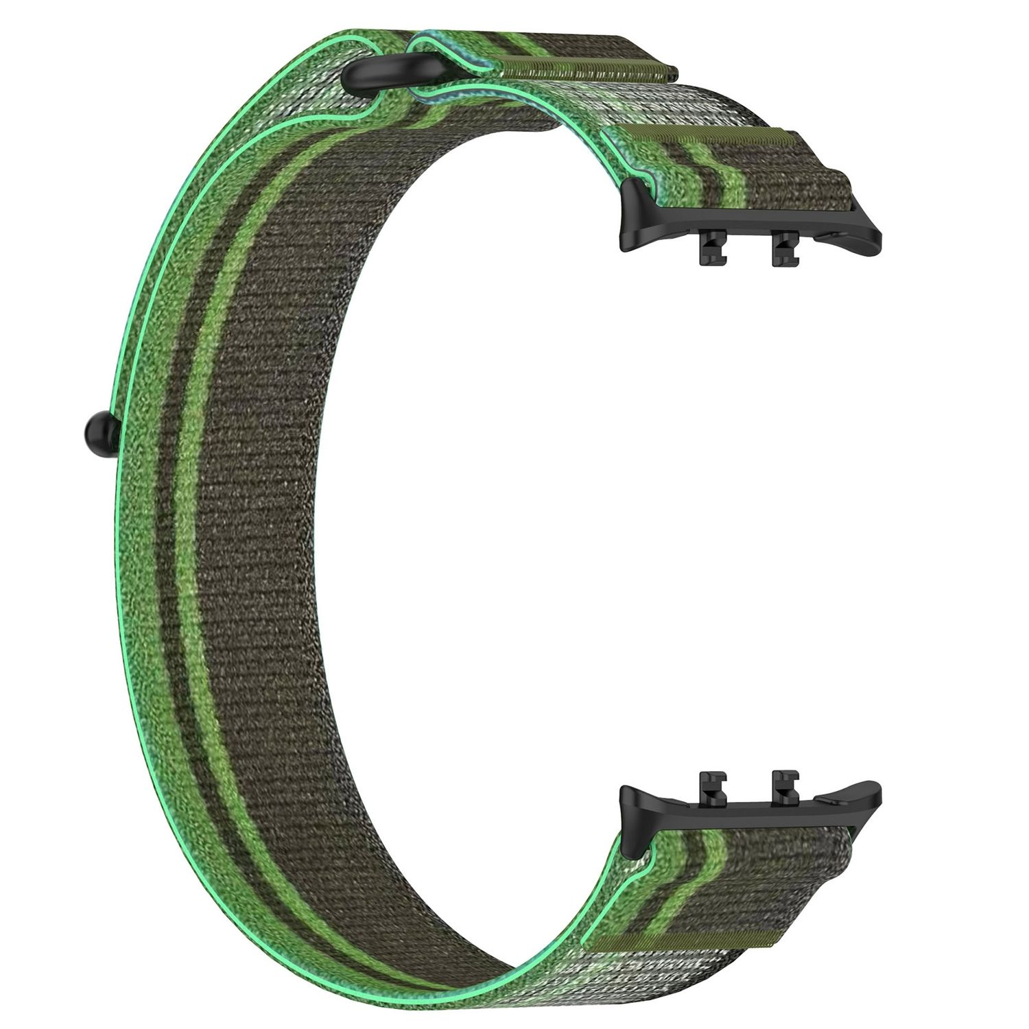 Ein grünes und braunes Uhrenarmband. Das Band ist gebogen. Das Band hat zwei schwarze Anschlüsse.