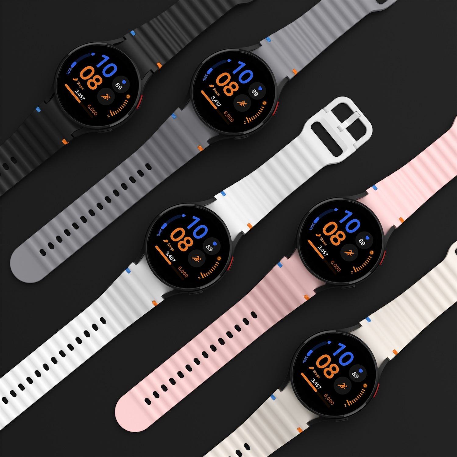 Smartwatches in diagonaler Reihe, verschiedene Farben, mit schwarzen Zifferblättern.