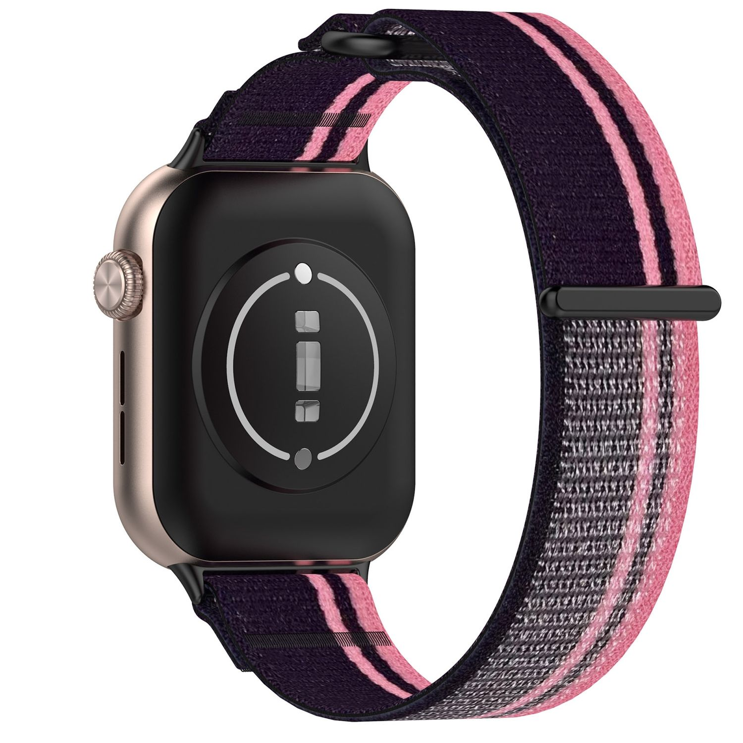 Smartwatch mit schwarzer Rückseite, pink-schwarz gestreiftem Armband und goldenem Gehäuse.