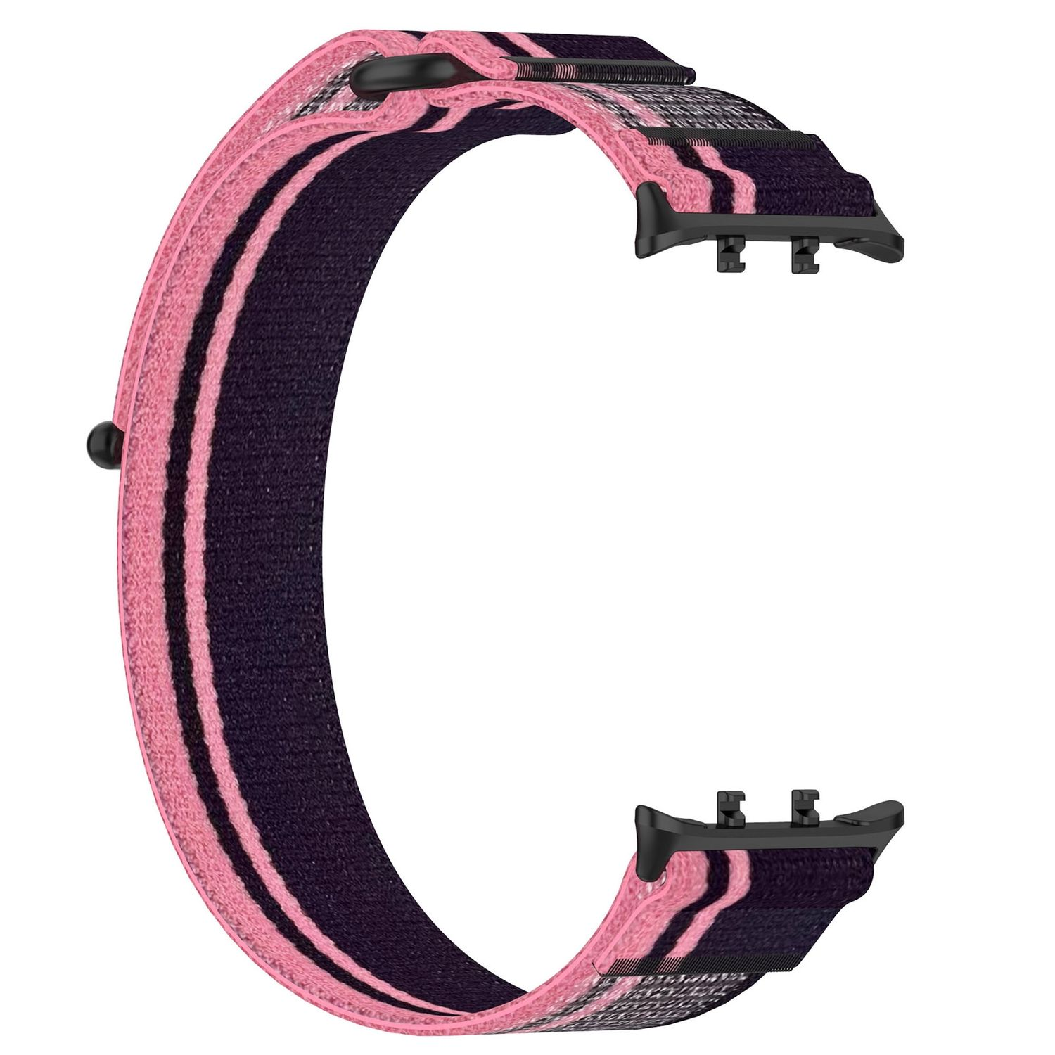 Smartwatch-Armband mit rosa und schwarzen Streifen und schwarzen Anbauteilen.