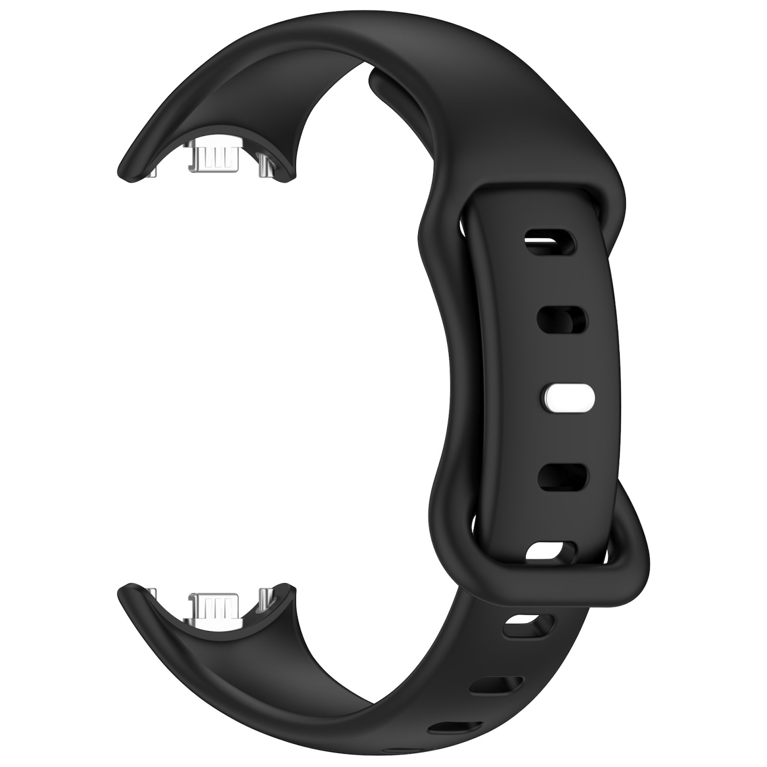 Schwarzes Smartwatch-Armband. Das Band ist gebogen und hat einen Verschluss und Stifte zur Befestigung.