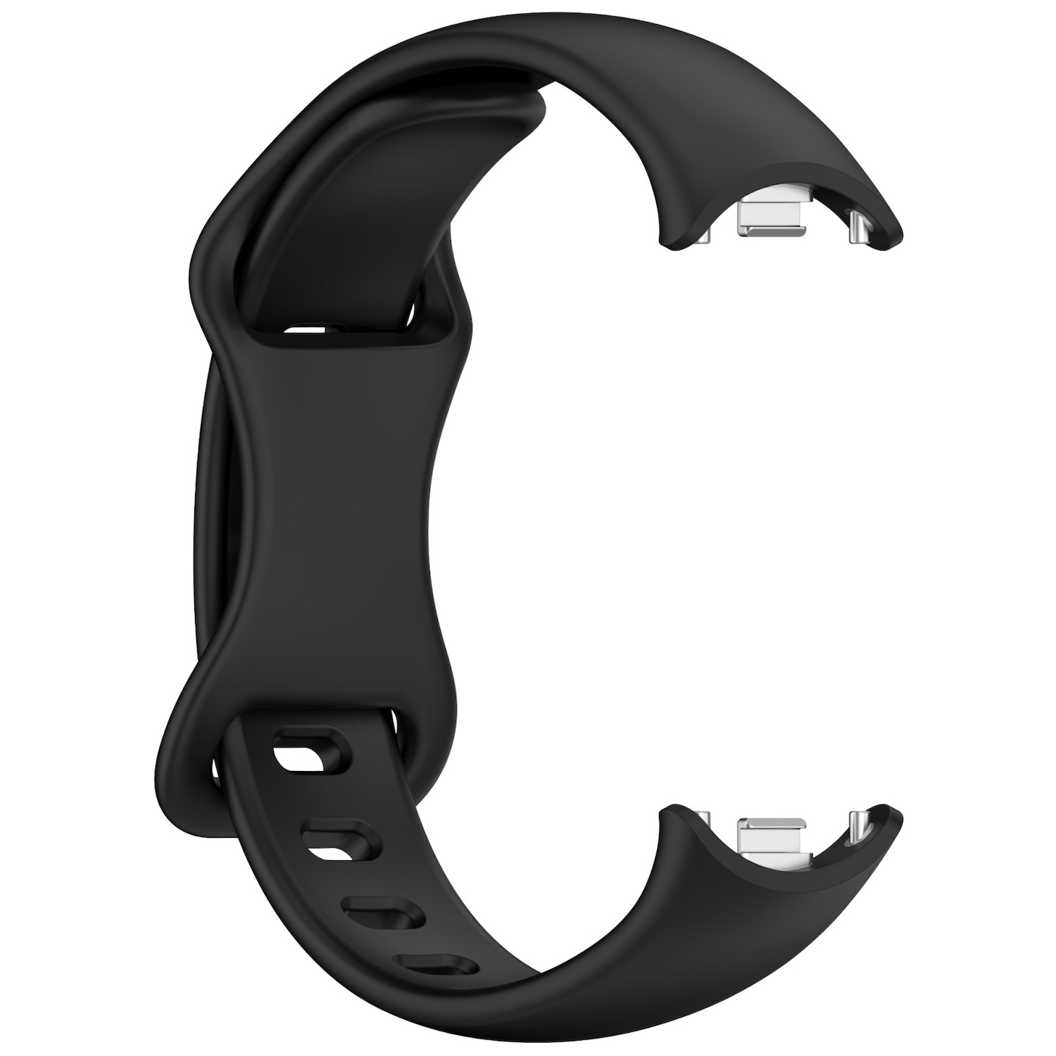 Schwarzes Uhrenarmband, gebogenes Design, mit Metallverschlüssen an beiden Enden.