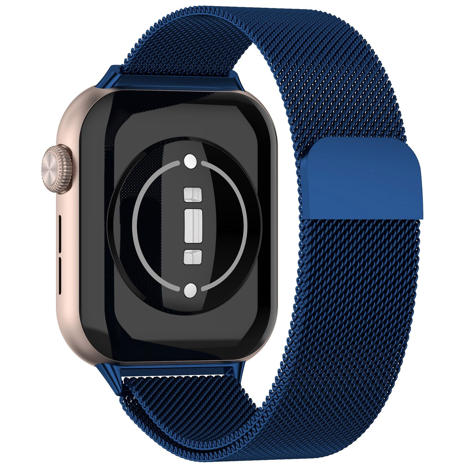 Goldene Smartwatch mit blauem Mesh-Band, Rückansicht und blauem Verschluss.
