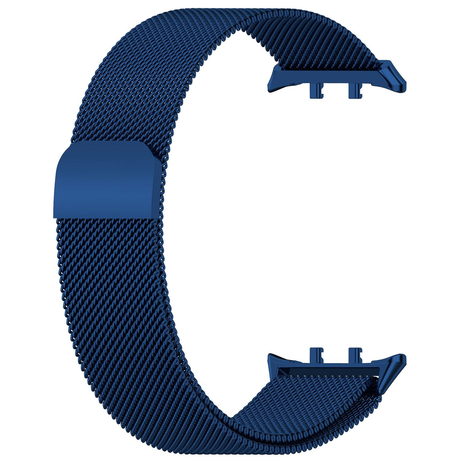 Blaues, metallisches Uhrenarmband. Es ist ein Mesh-Design.