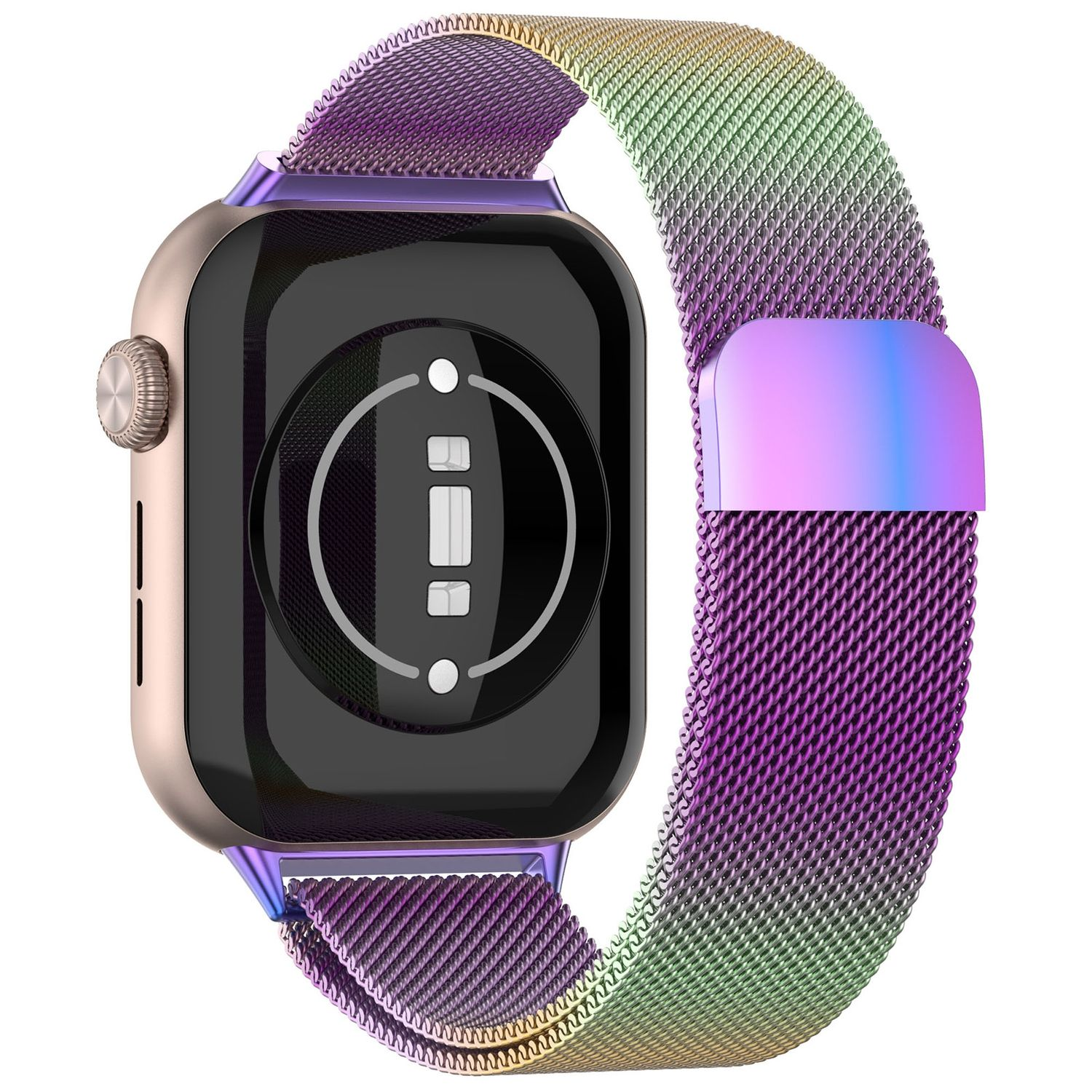 Uhr mit farbenfrohem Mesh-Band. Die Rückseite der Uhr ist sichtbar.