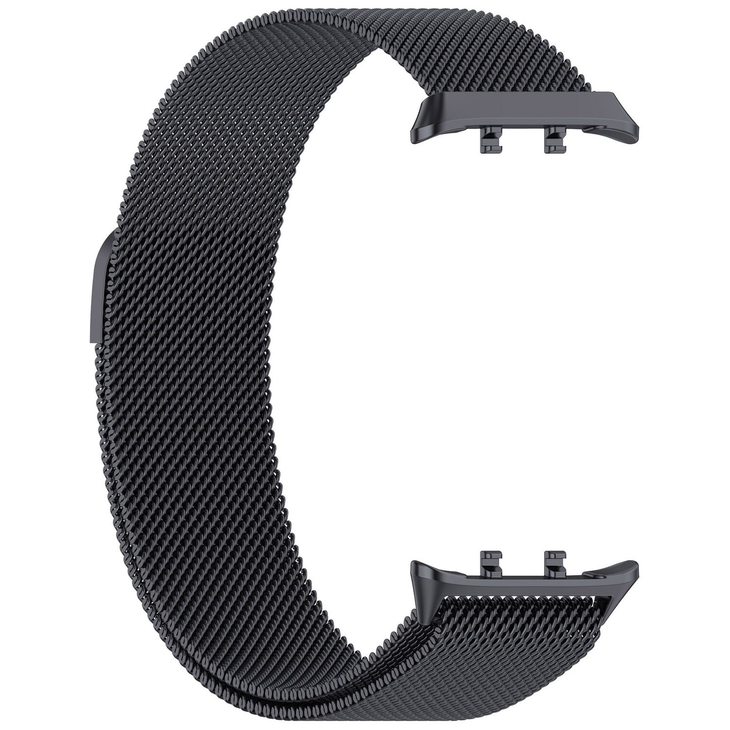 Schwarzes Uhrenarmband. Es ist ein Mesh-Design.