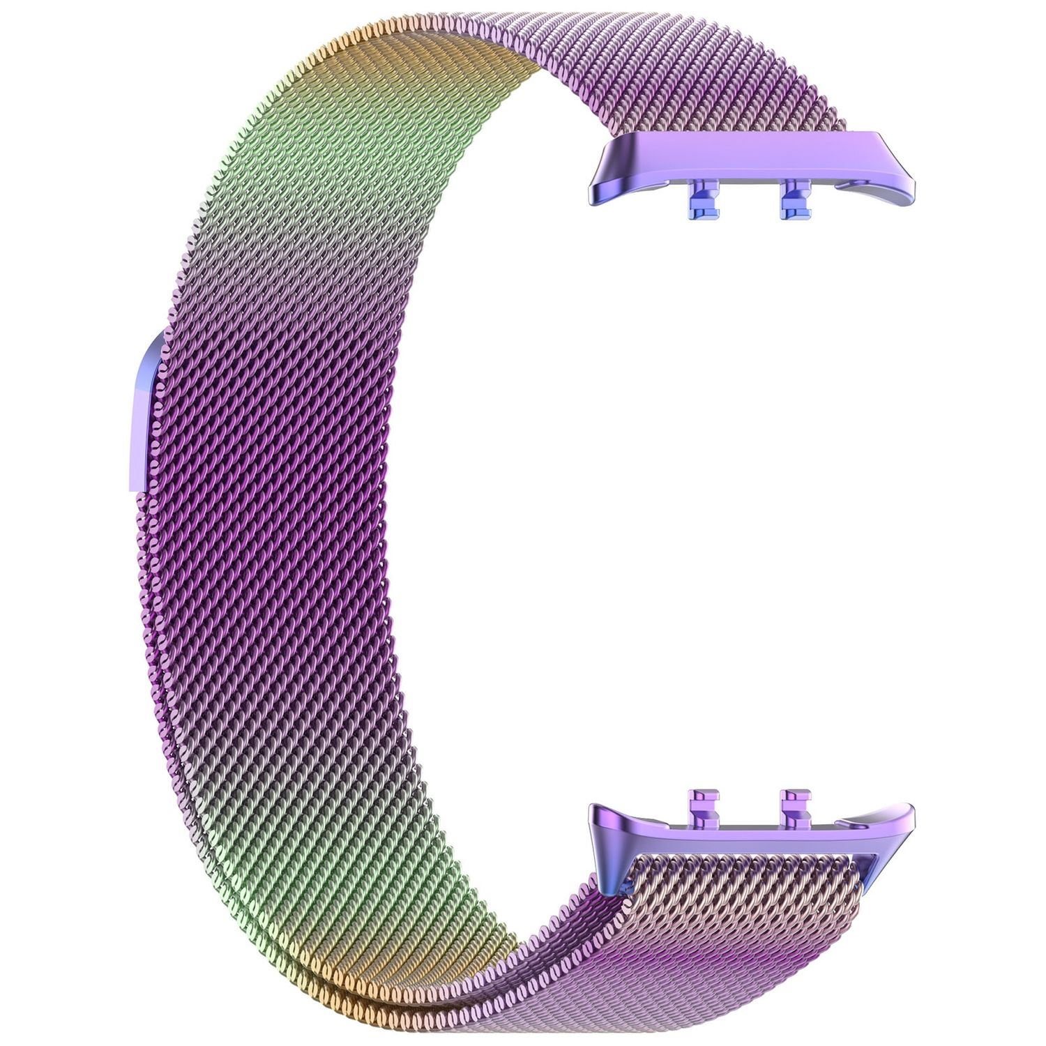 Farbenfrohes Mesh-Uhrenarmband. Es ist lila, blau und grün.