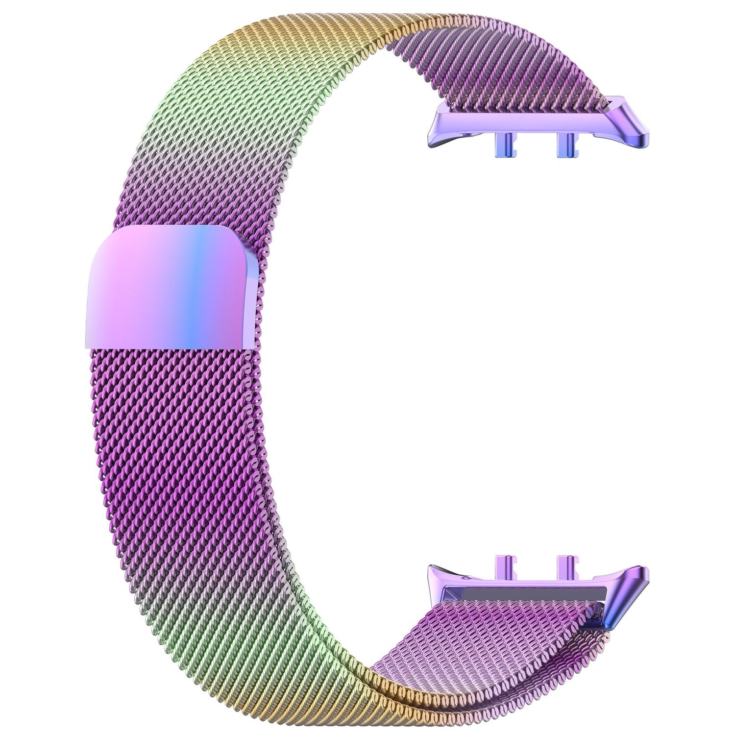 Farbenfrohes Mesh-Uhrenarmband. Es ist lila, blau und grün.
