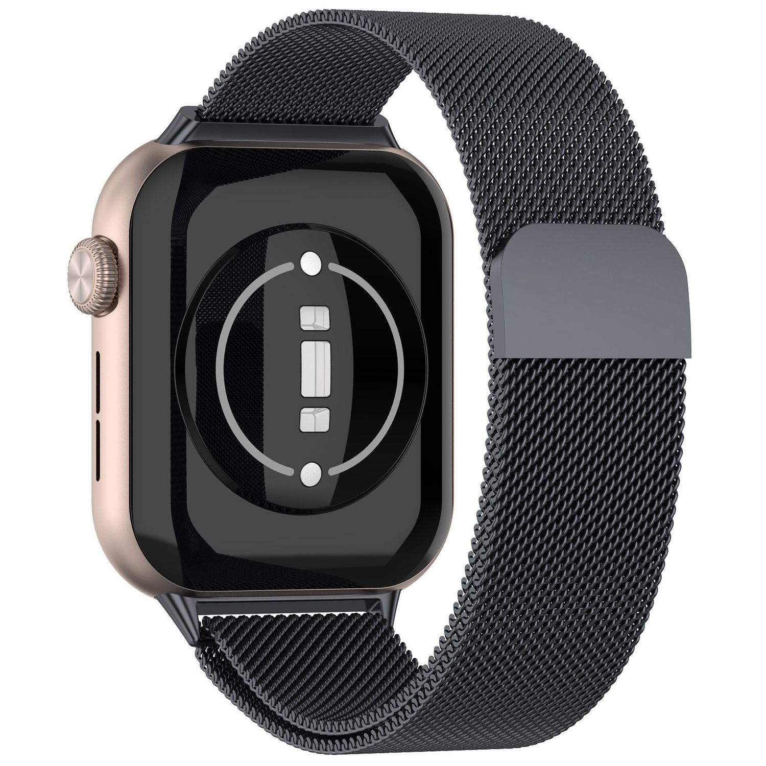 Uhr mit schwarzem Mesh-Band. Die Rückseite der Uhr ist sichtbar.