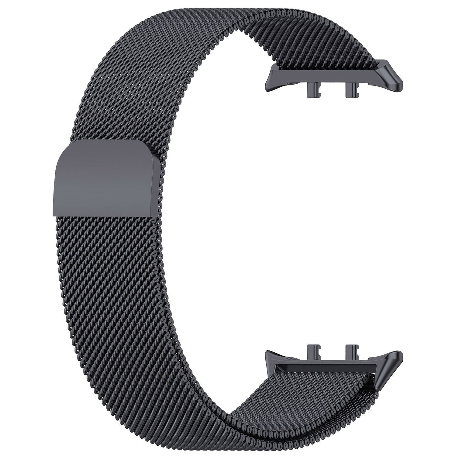 Schwarzes Mesh-Uhrenarmband mit Metallverschlüssen, Nahaufnahme.