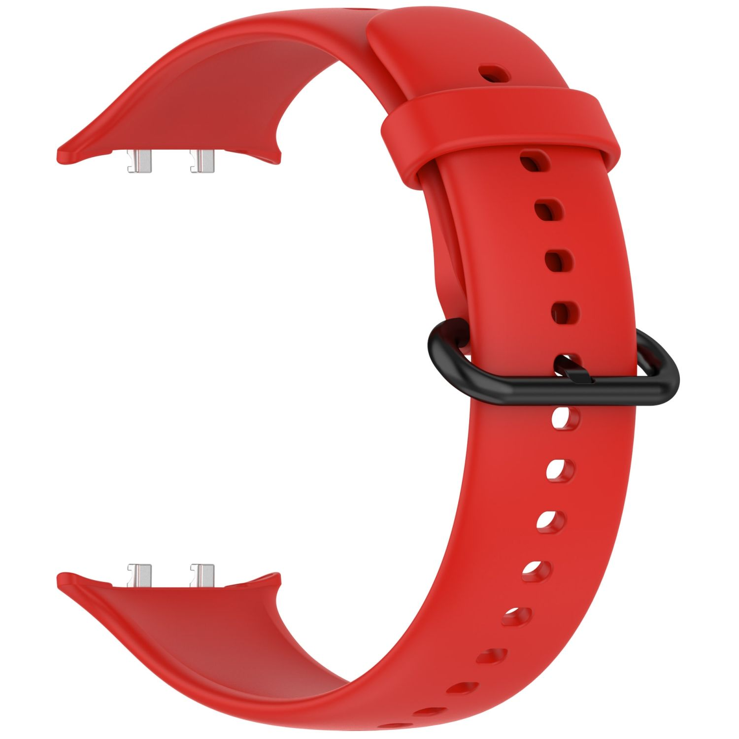 Rotes Uhrenarmband mit schwarzer Schnalle. Es besteht aus Gummi.