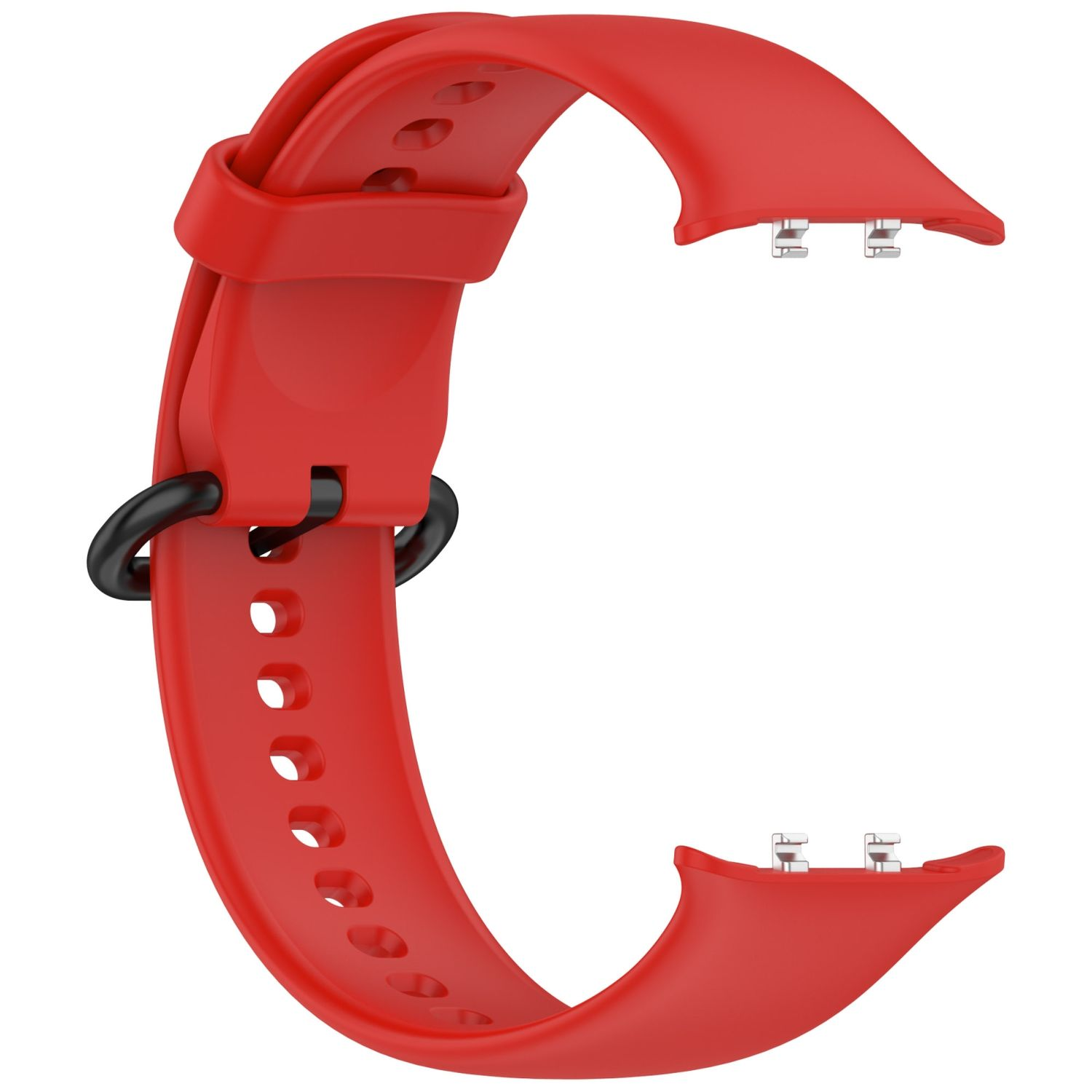 Rotes Uhrenarmband mit schwarzem Ring und Metallverschlüssen an beiden Enden.