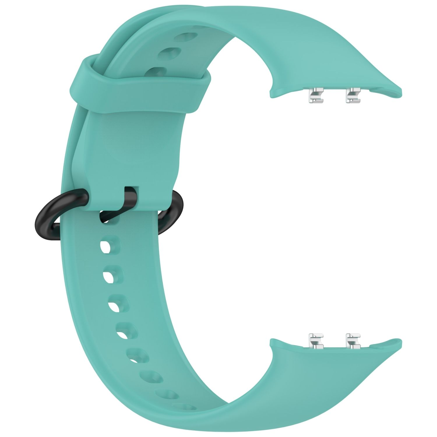 Türkisfarbenes Uhrenarmband mit schwarzem Ring. Das Armband hat Metallverschlüsse.