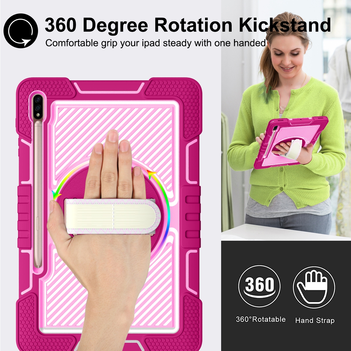 Frau hält rosa Tablet mit Handschlaufe und Stift. Tablet-Hülle ist rosa und schützend.