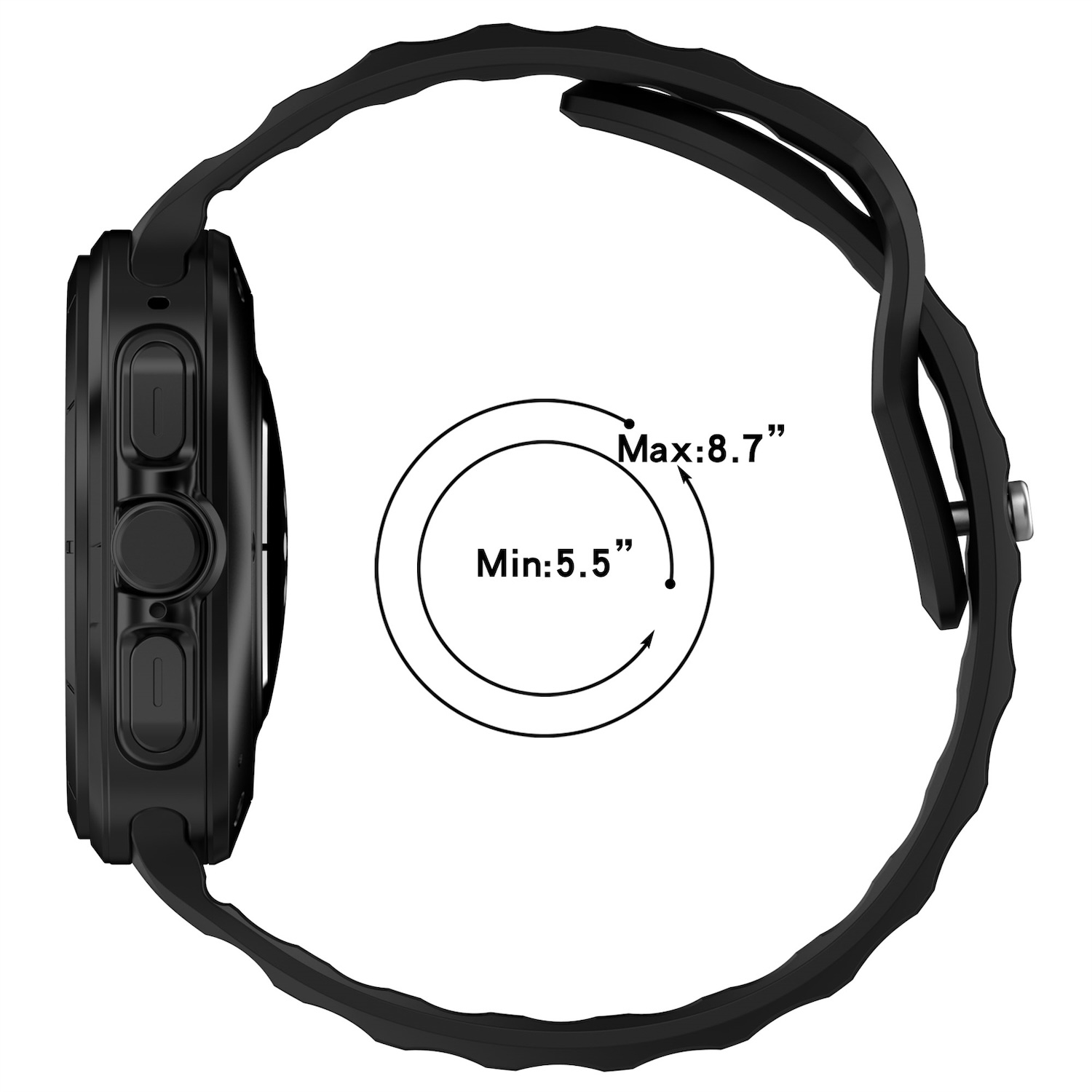 Schwarze Smartwatch mit schwarzem Armband. Ein Diagramm veranschaulicht den Handgelenkgrößenbereich.