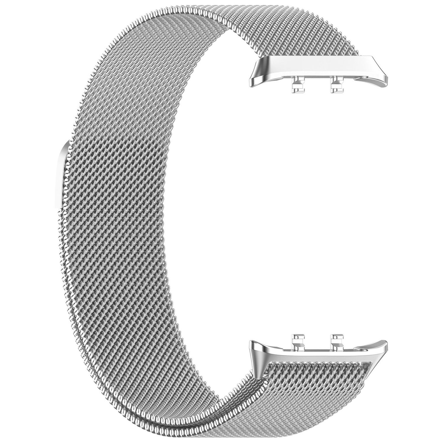 Silbernes Mesh-Uhrenarmband. Das Armband hat Metallverschlüsse.