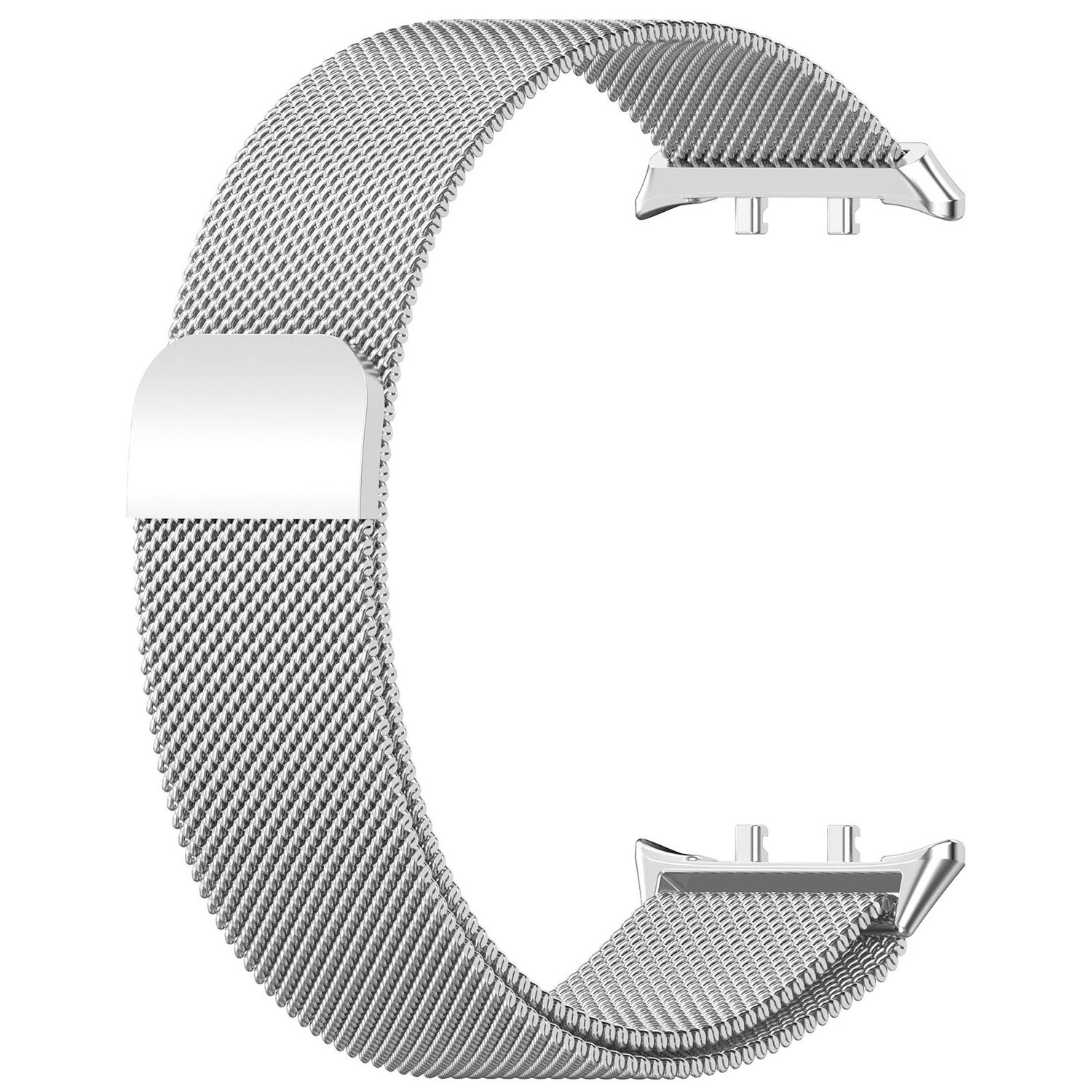 Silbernes Uhrenarmband im Mesh-Stil. Hat eine Schnalle und silberne Stifte.